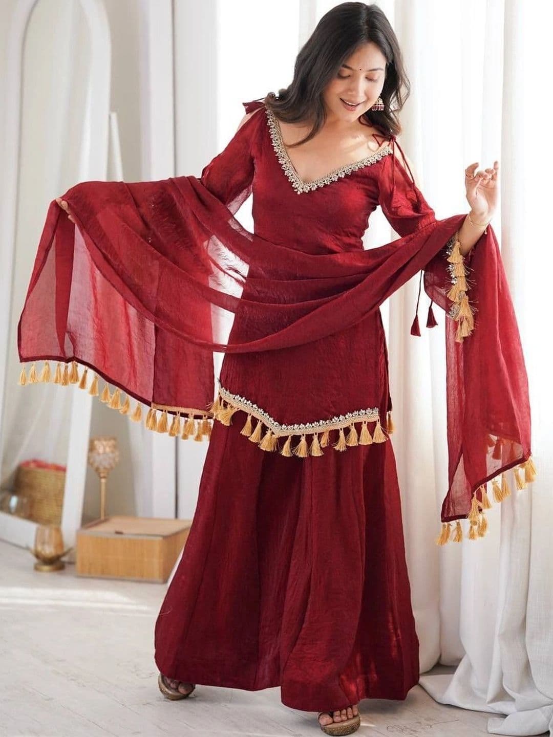 VASTRABELLA Women Regular Gotta Patti Pure Silk Kurta with Sharara & With Dupatta thumbnail 6