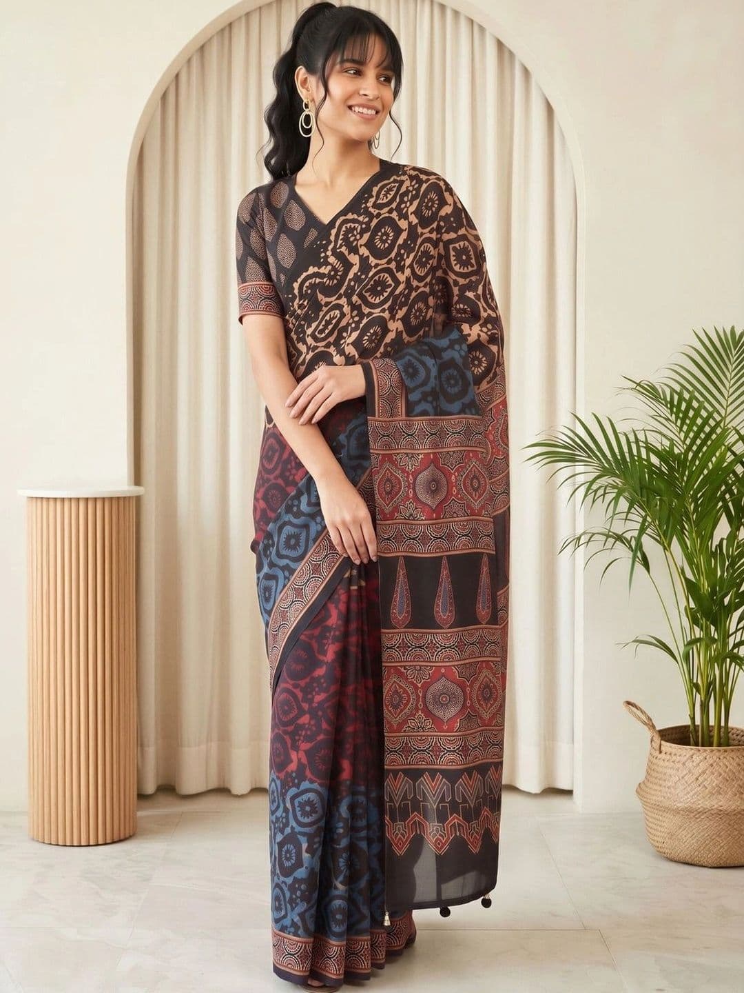 Saree mall Ethnic Motifs Silk Blend Designer Block Print Sarees thumbnail 5