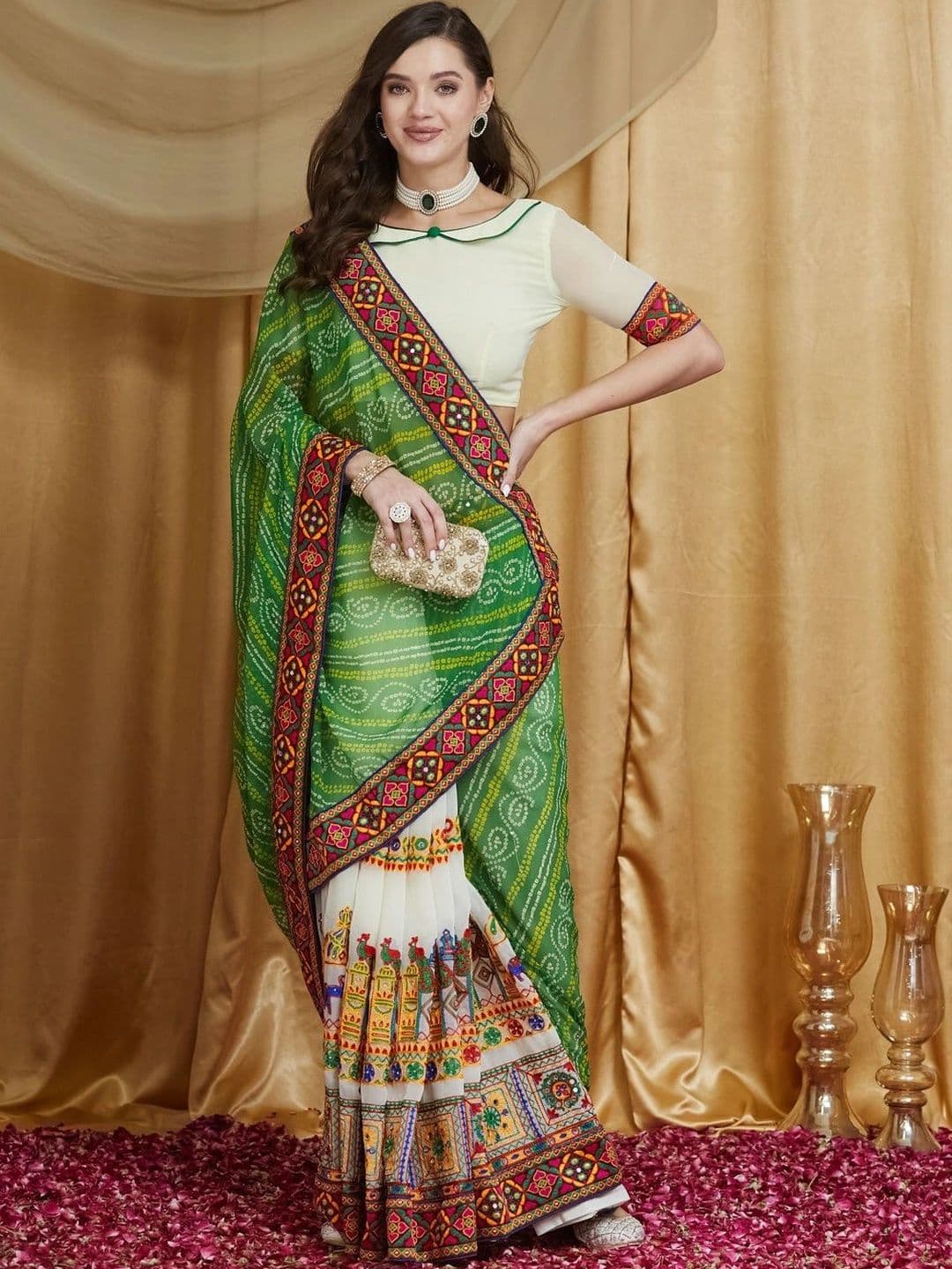 Sangria Bandhani Embroidered Pure Georgette Half and Half Bandhani Saree - view 1