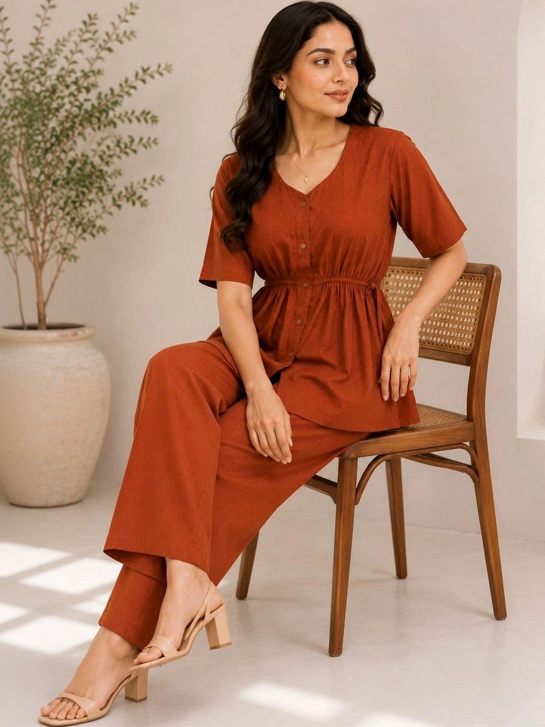 Mitera Women Regular Linen Kurta with Trousers thumbnail 2