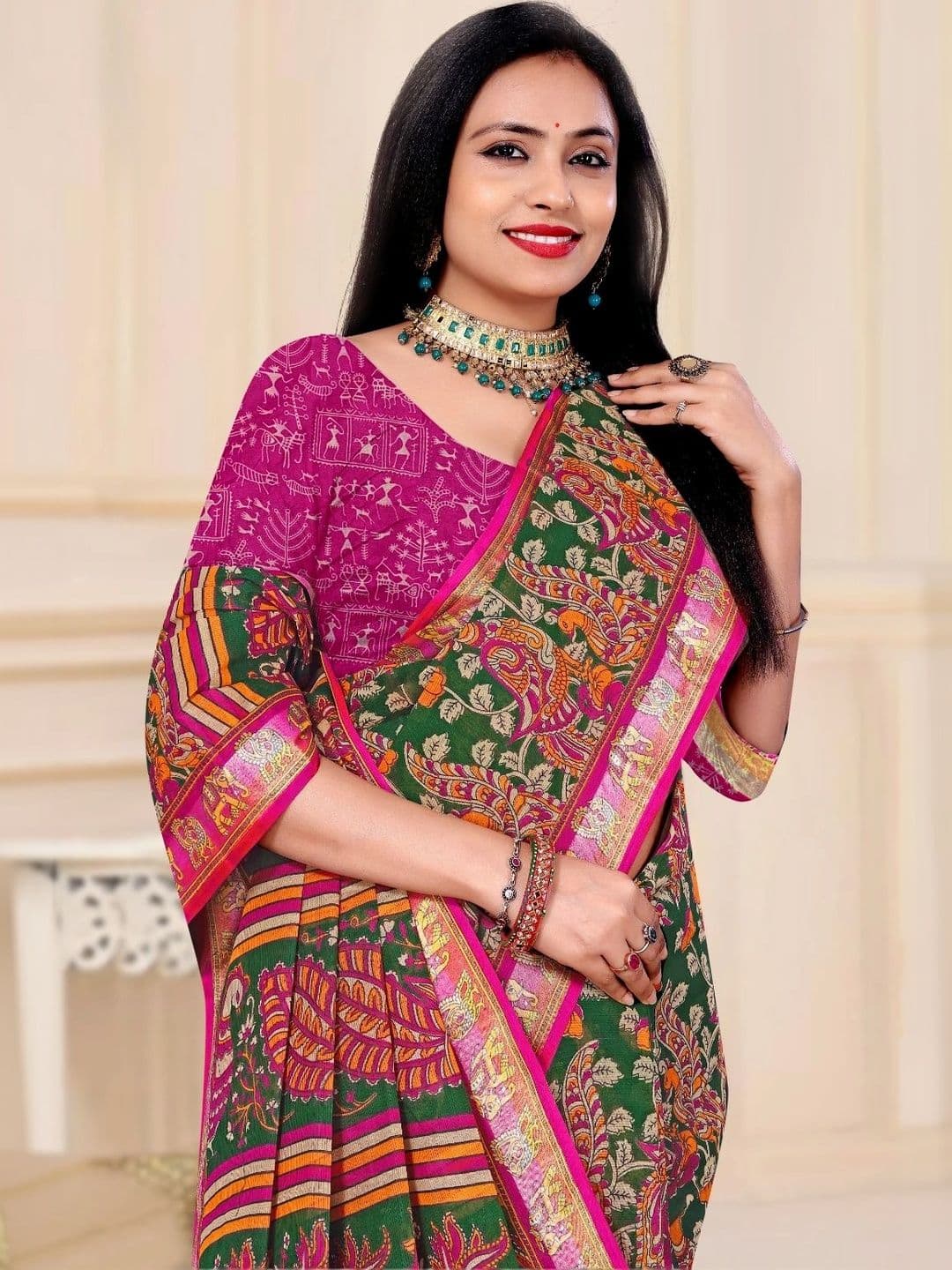 SONARIKA CREATION Kalamkari Pure Cotton Handloom Block Print Saree thumbnail 7