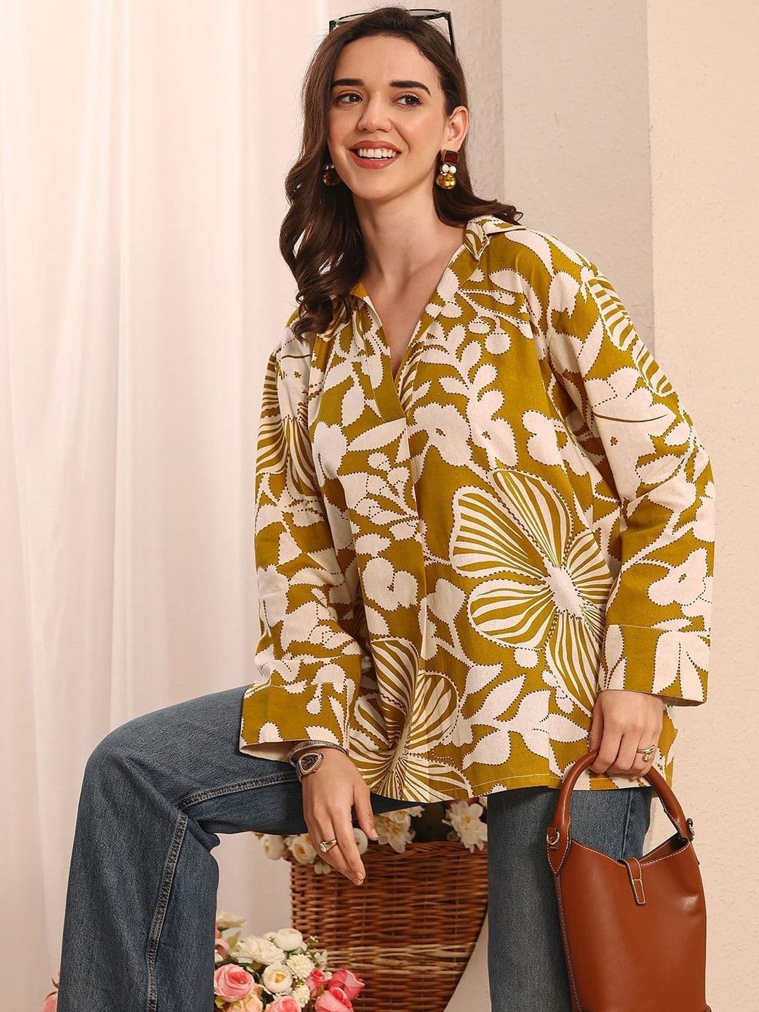 Libas Mustard Floral Printed Cotton Straight Short Kurti - view 1