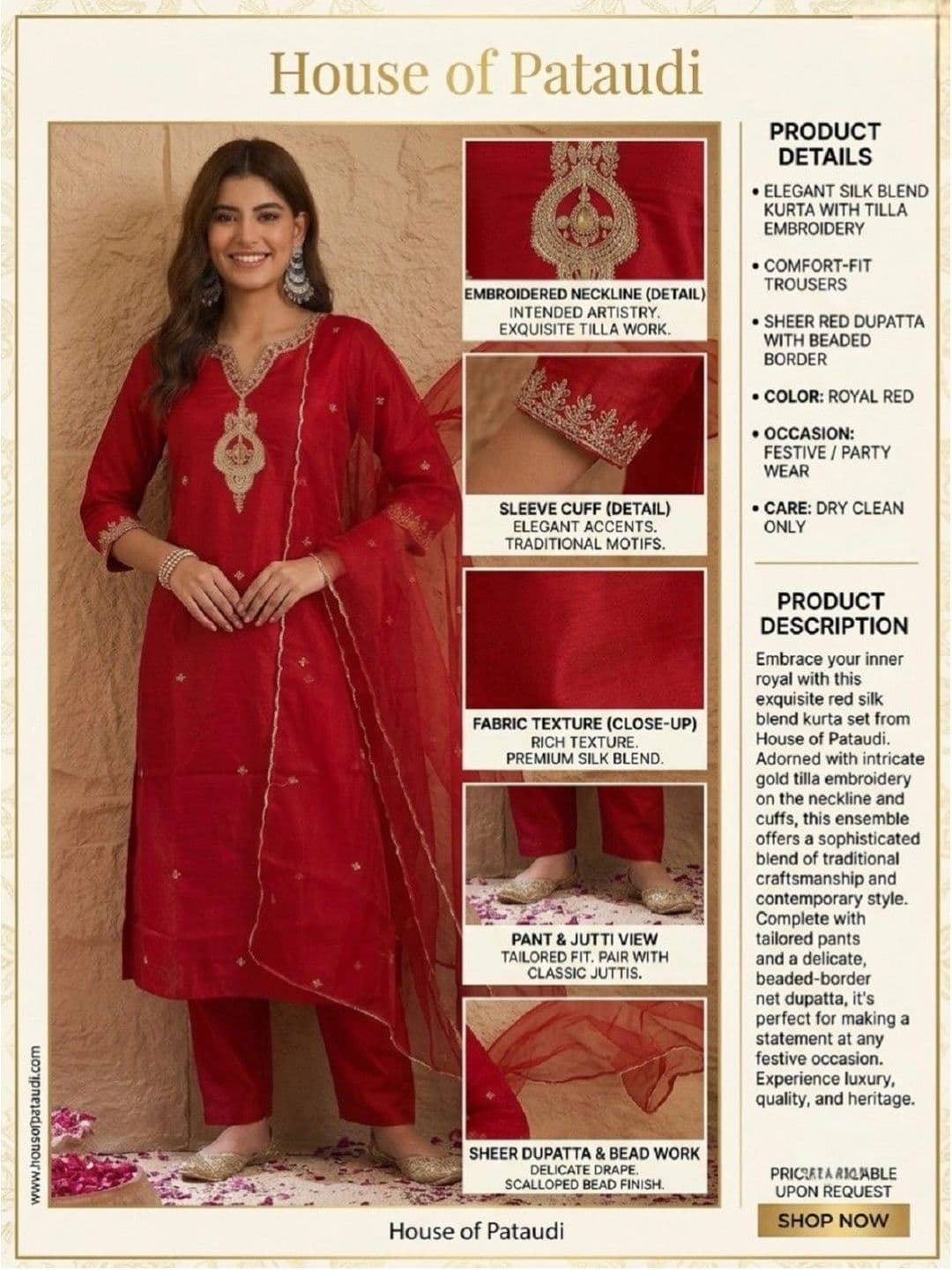 House of Pataudi Women Ethnic Motifs Embroidered Regular Thread Work Pure Silk Kurta with Trousers & With thumbnail 4