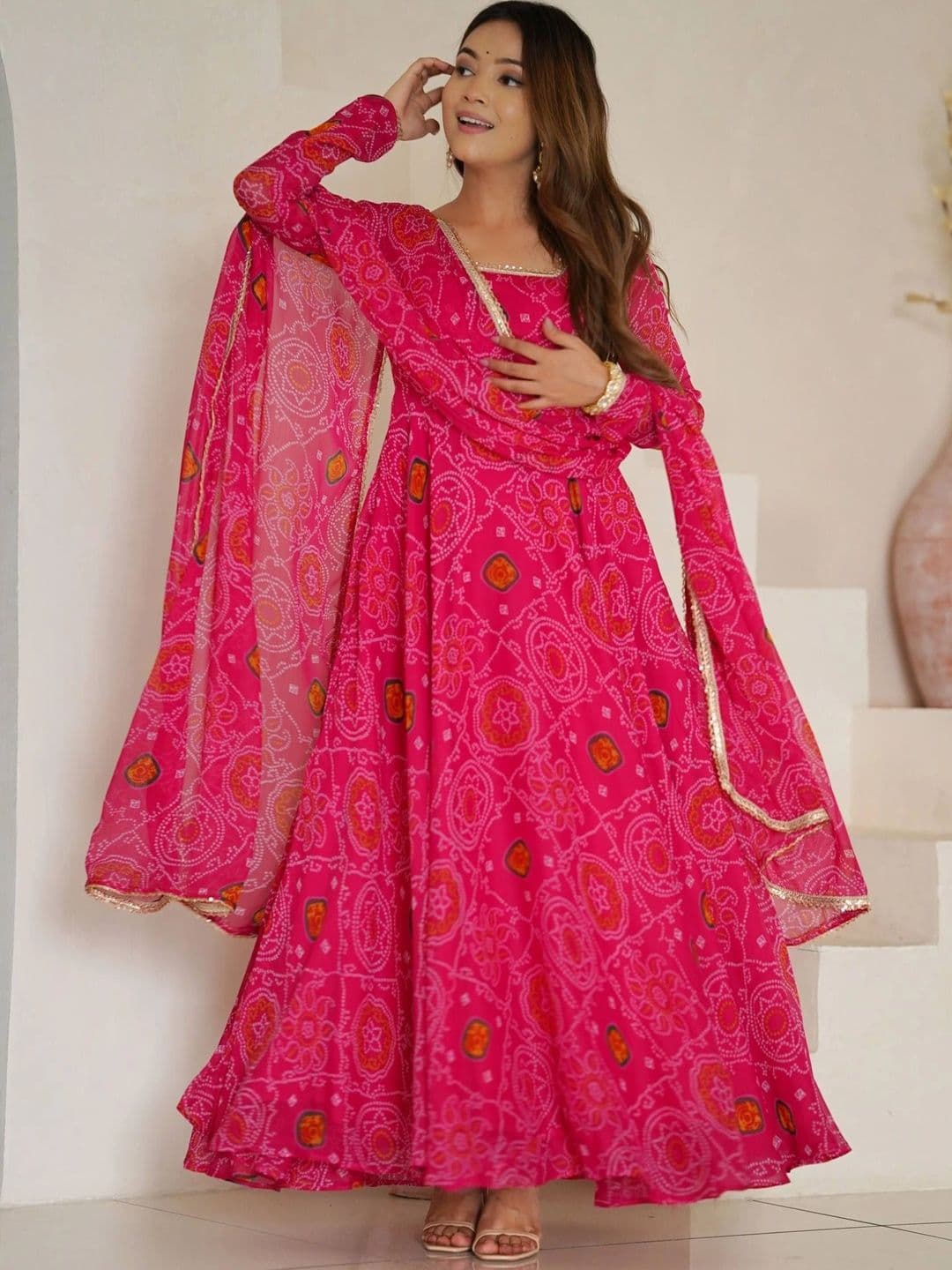 VASTRABELLA Women Bandhani Printed Tiered Silk Chiffon Kurta with Palazzos & With Dupatta - view 1