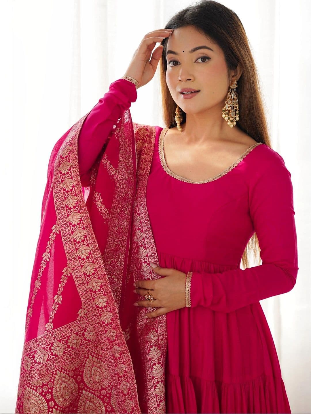 VASTRABELLA Women Tiered Chanderi Silk Kurta With Dupatta thumbnail 2