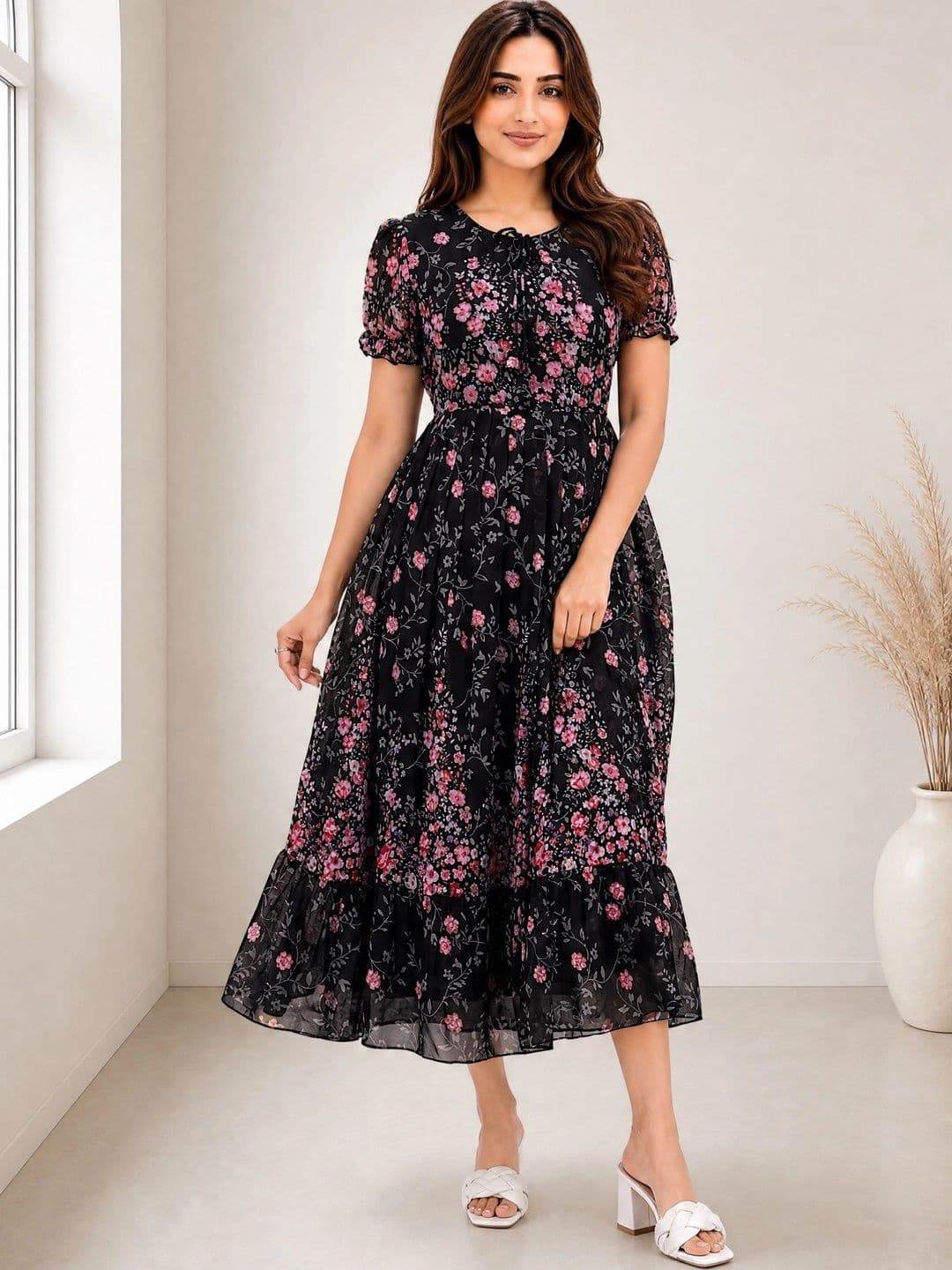 QENA Floral Print Puff Sleeve Georgette A-Line Midi Dress thumbnail 3