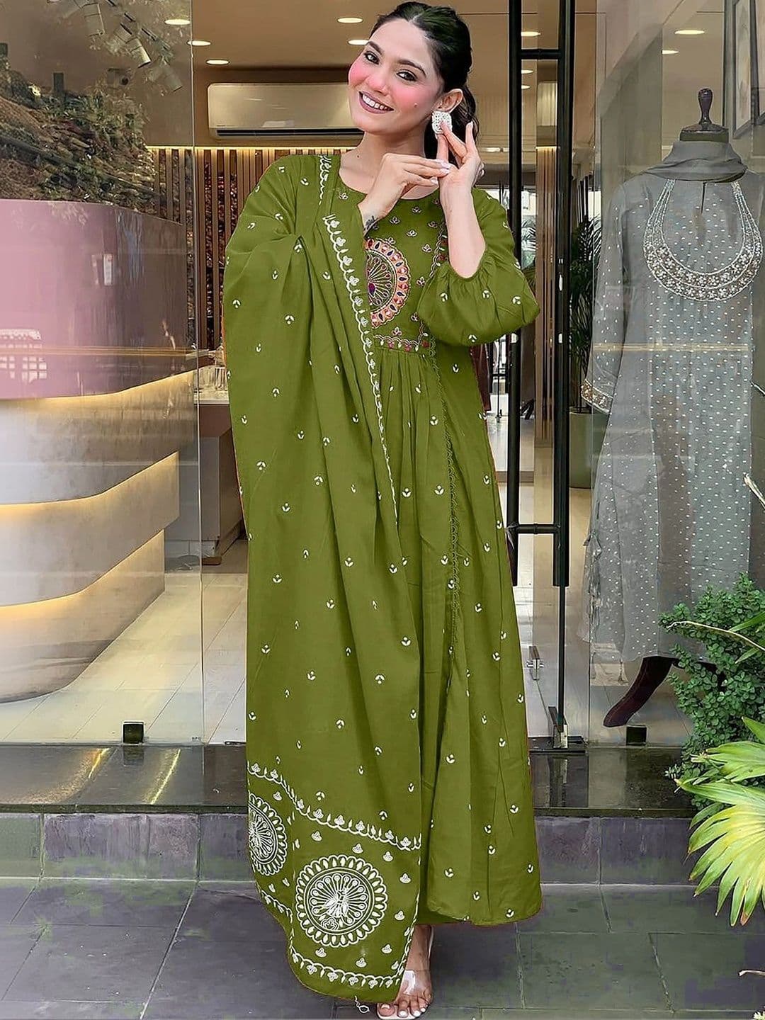 FIC FUSION CULTURE Women Ethnic Motifs Embroidered Pleated Thread Work Kurta With Dupatta thumbnail 6