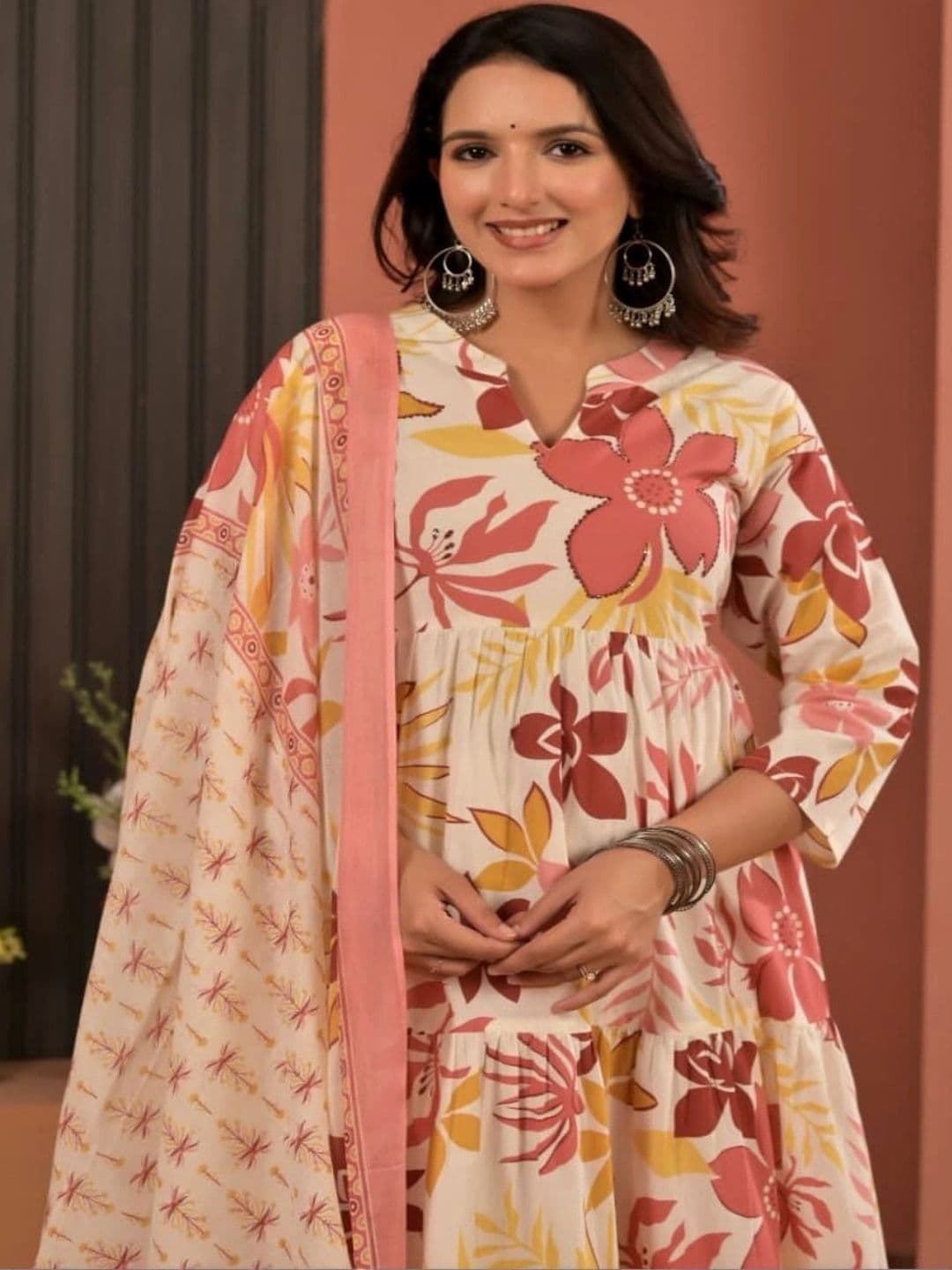 HERE&NOW Women Floral Printed Tiered Pure Cotton Kurta with Palazzos & With Dupatta thumbnail 2