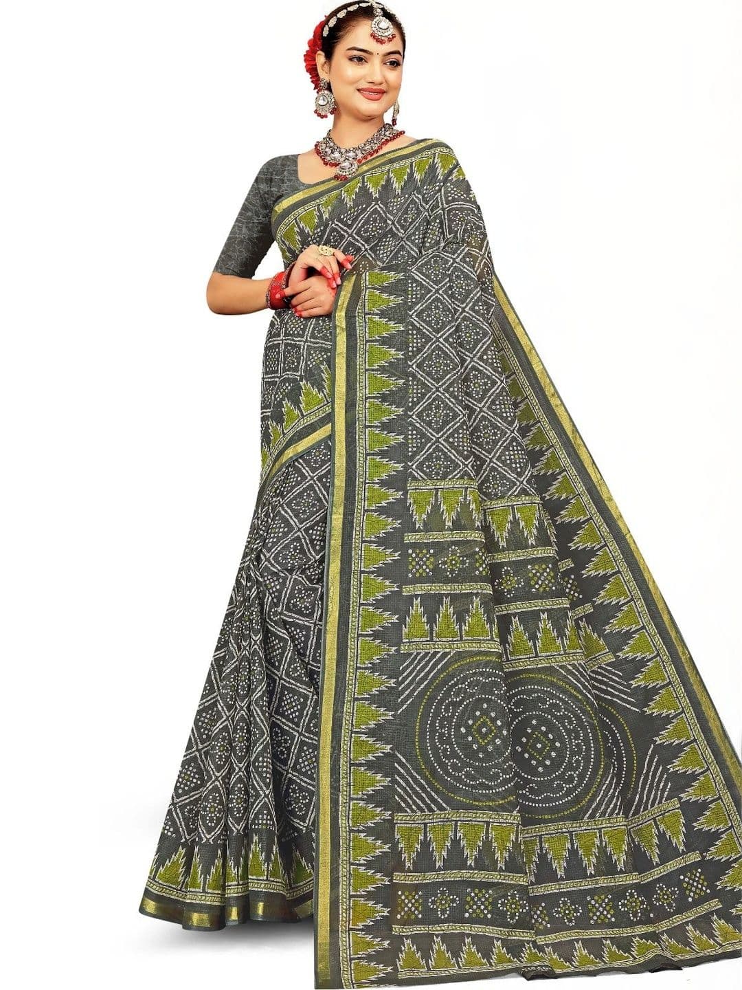 SONARIKA CREATION Bandhani Pure Cotton Handloom Block Print Saree - view 1