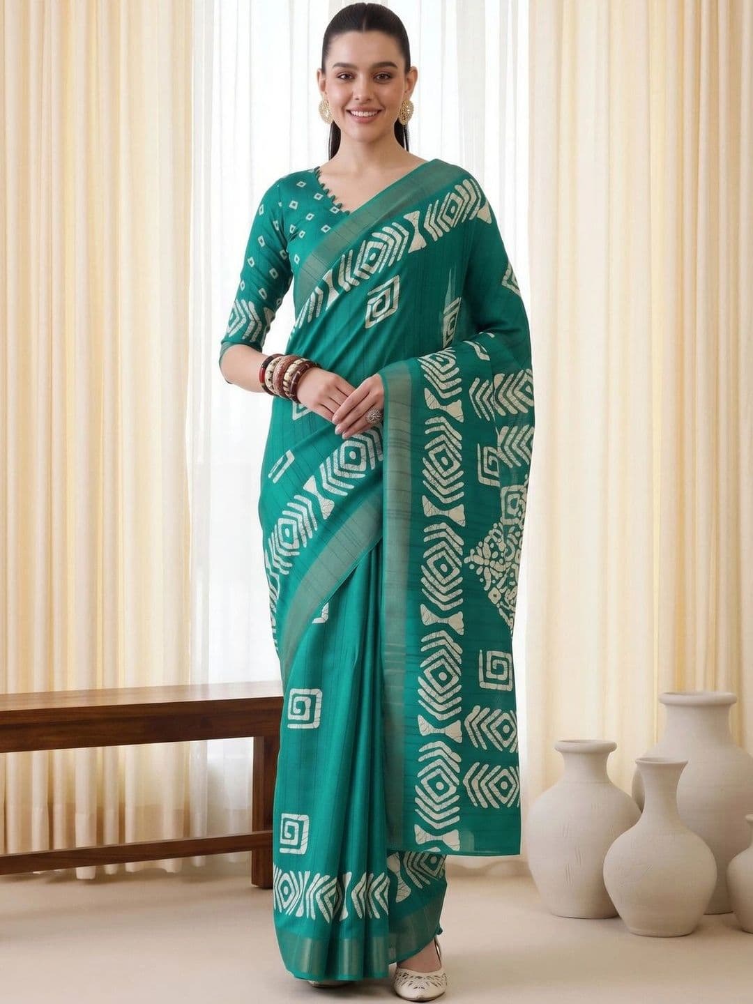 Saree mall Batik Silk Blend Designer Block Print Sarees - view 1