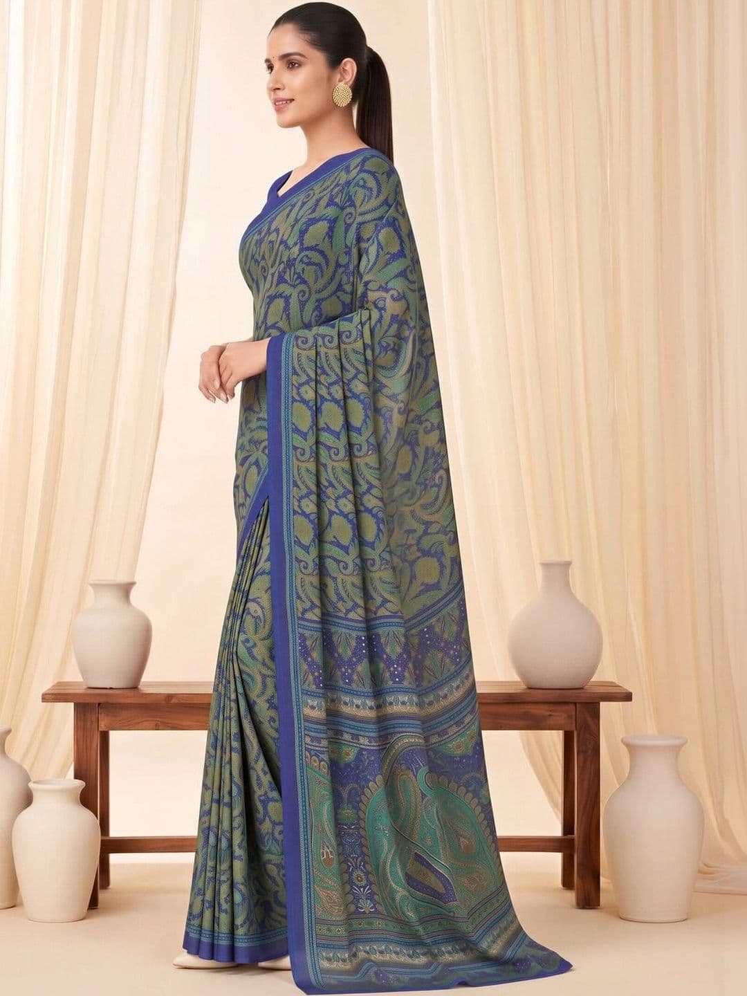Saree mall Paisley Poly Crepe Designer Bagru Sarees thumbnail 6