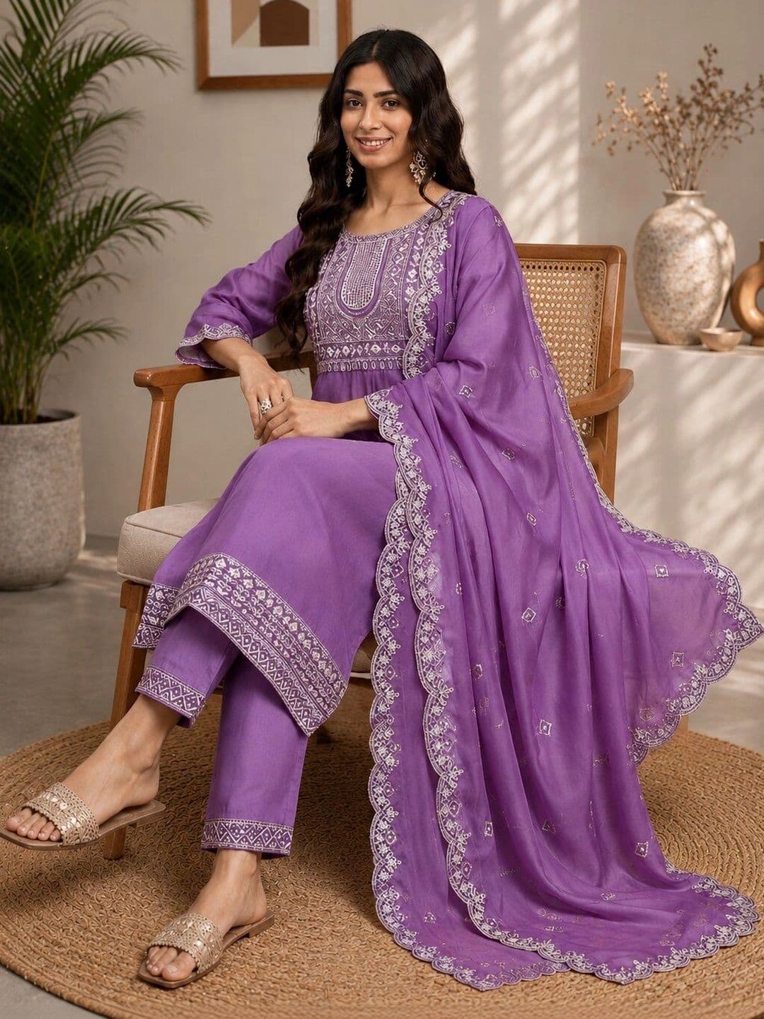 Moda Rapido Women Ethnic Motifs Embroidered Regular Thread Work Kurta with Trousers & With Dupatta thumbnail 4