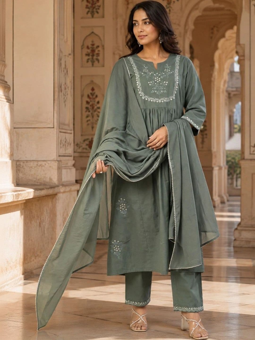HERE&NOW Women Ethnic Motifs Embroidered Empire Thread Work Pure Cotton Kurta with Trousers & With Dupatta thumbnail 3