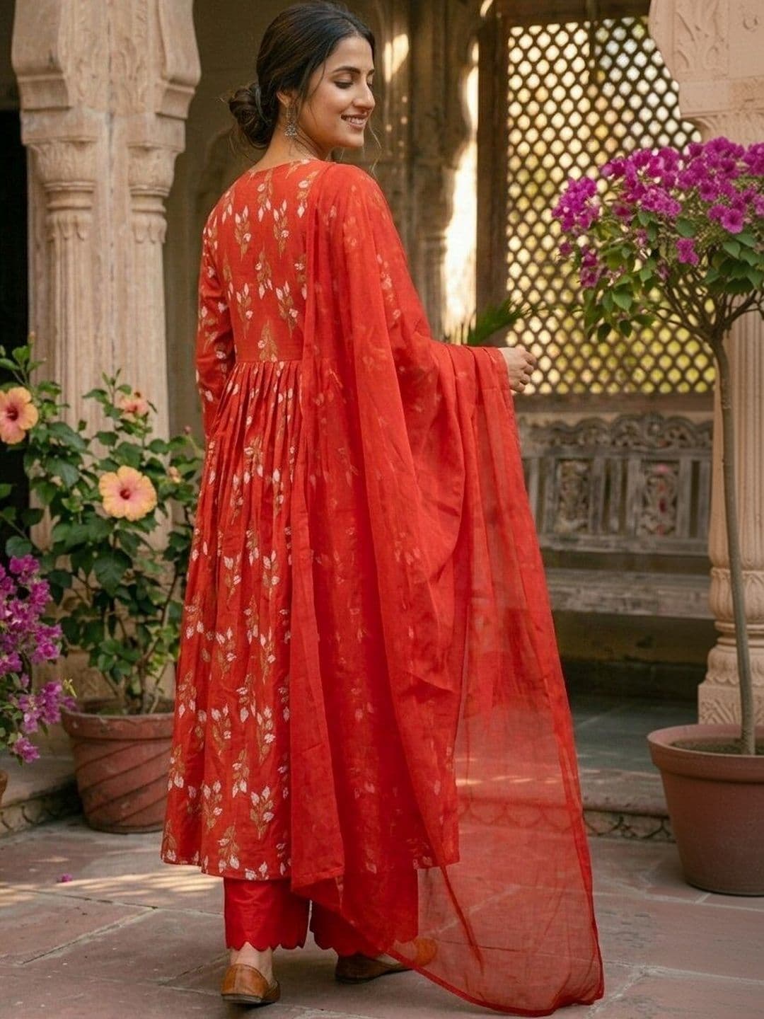 Anouk Women Floral Printed Angrakha Pure Cotton Kurta with Palazzos & With Dupatta thumbnail 3