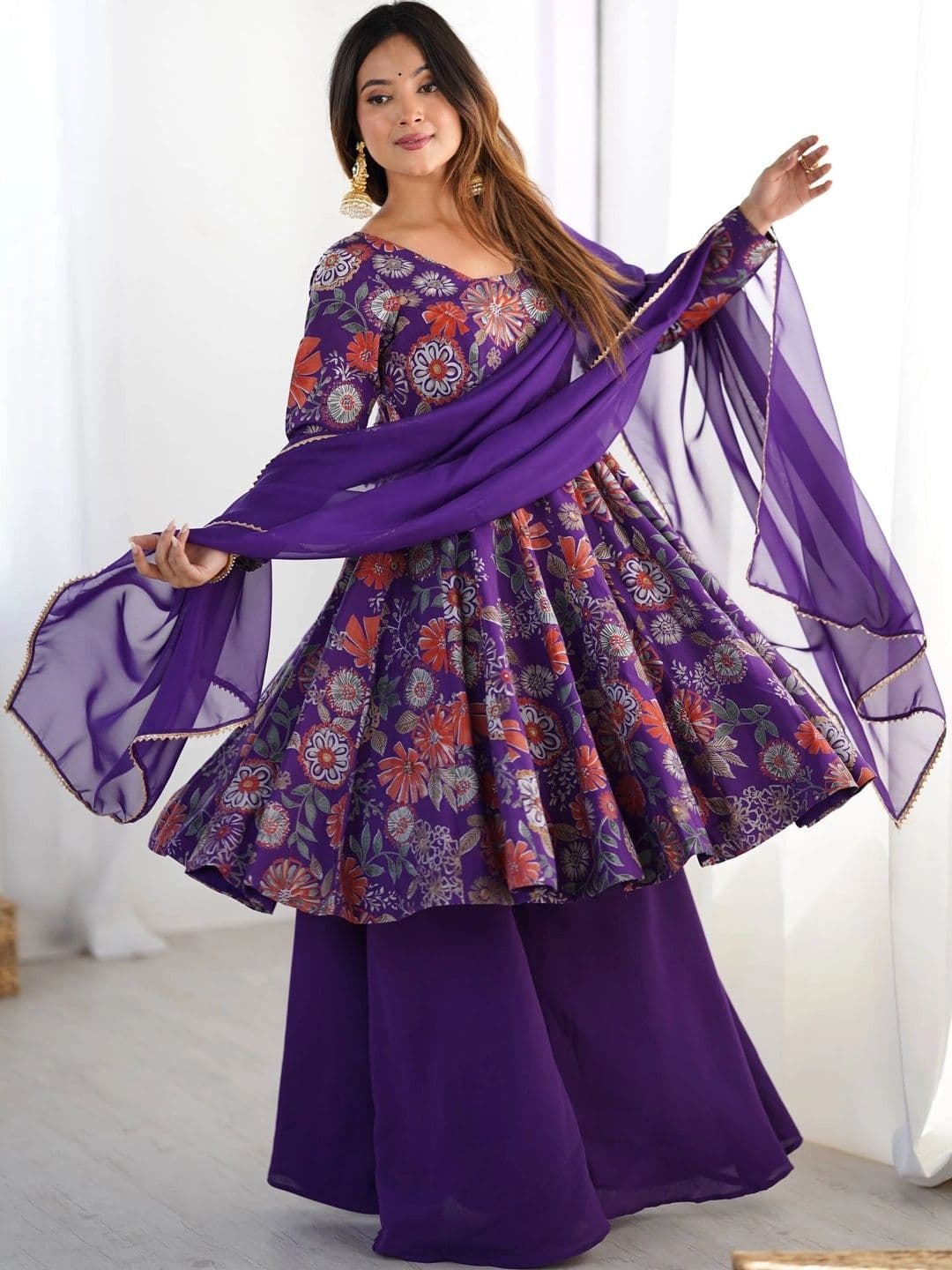 VASTRABELLA Women Floral Printed Empire Chanderi Silk Kurta with Palazzos & With Dupatta thumbnail 4
