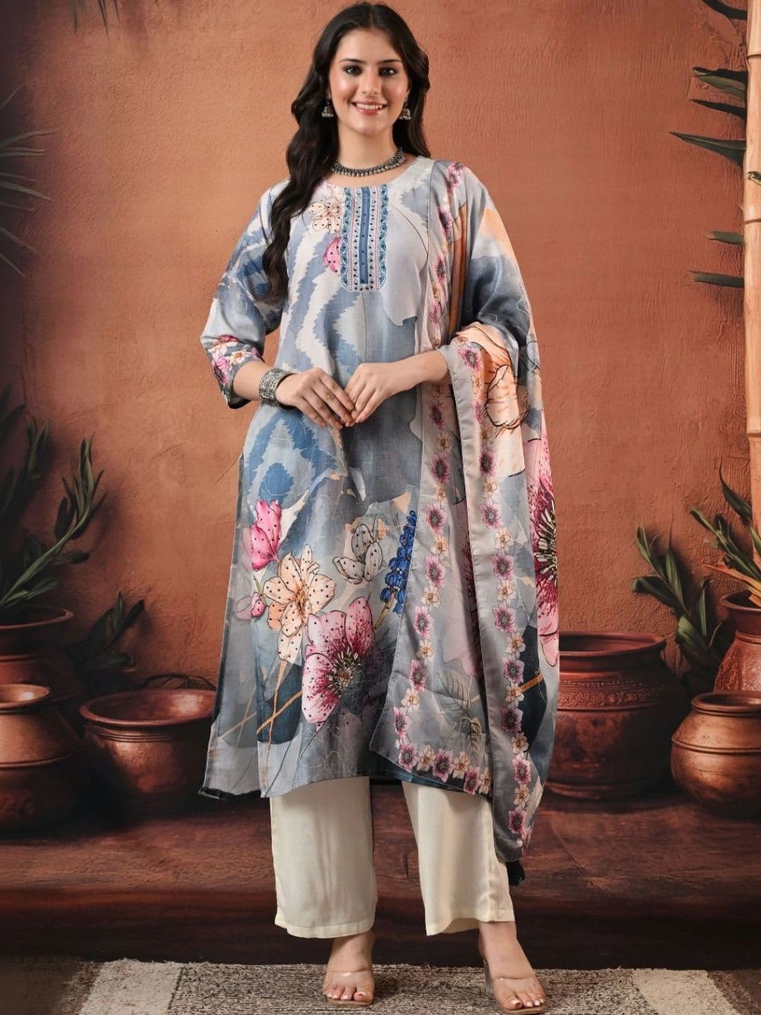 Encourage Women Floral Printed Regular Kurta with Trousers & With Dupatta - view 1