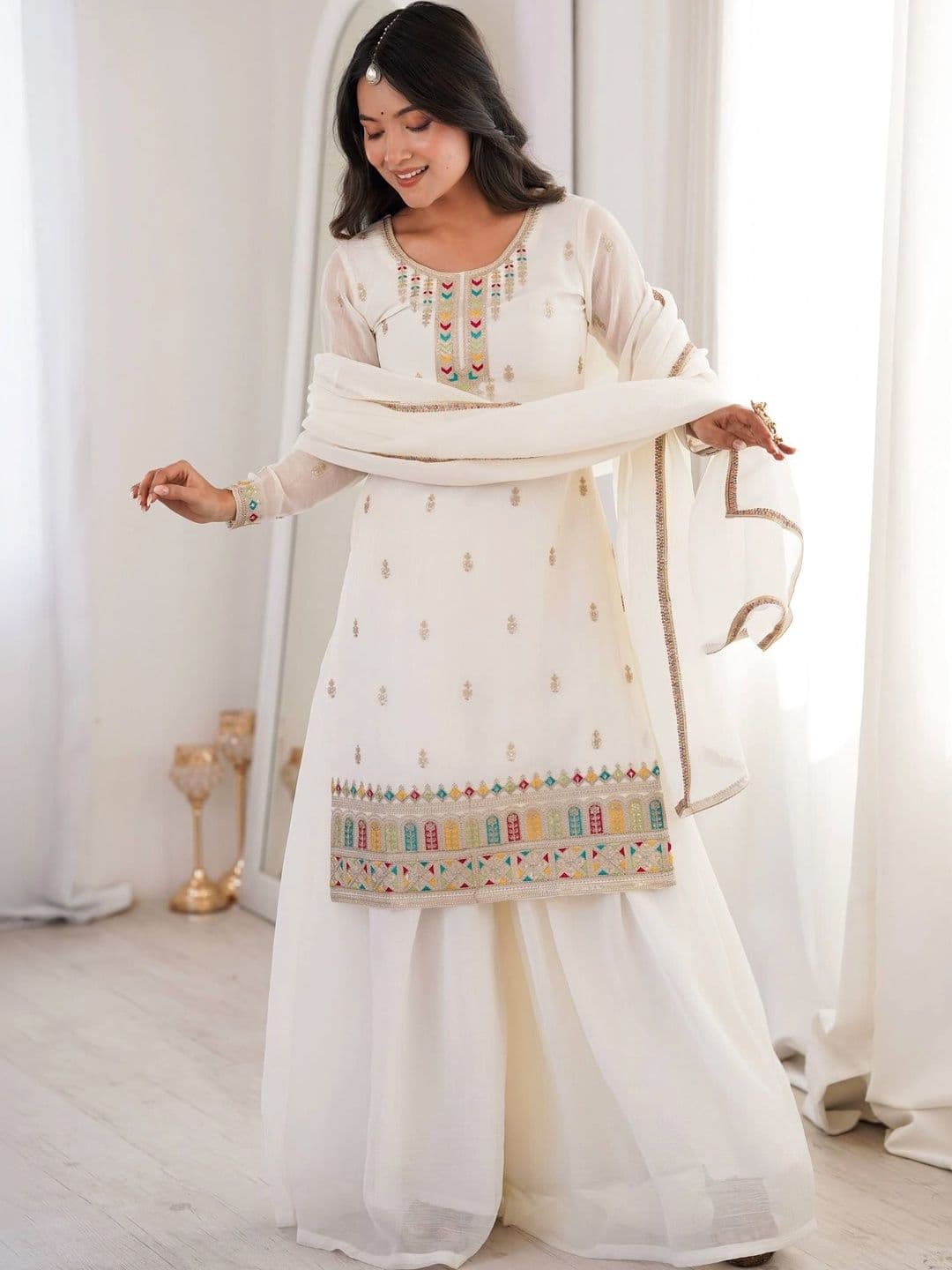 VASTRABELLA Women Ethnic Motifs Embroidered Regular Thread Work Kurta with Palazzos & With Dupatta thumbnail 4