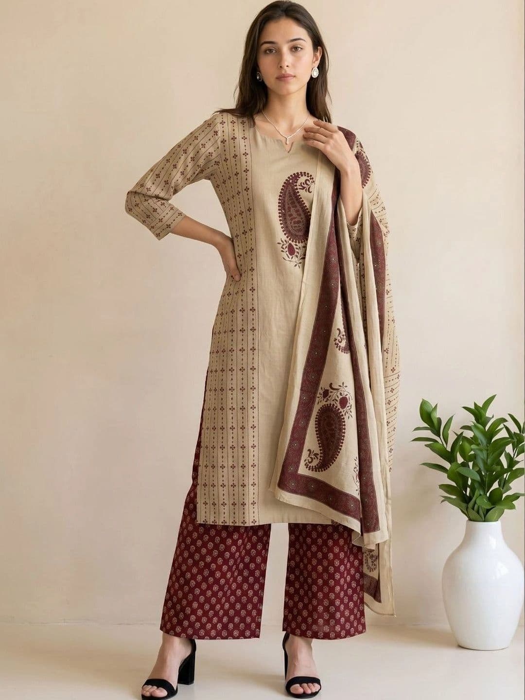 shreeram Women Ethnic Motifs Printed Regular Pure Cotton Kurta with Palazzos & With Dupatta - view 1