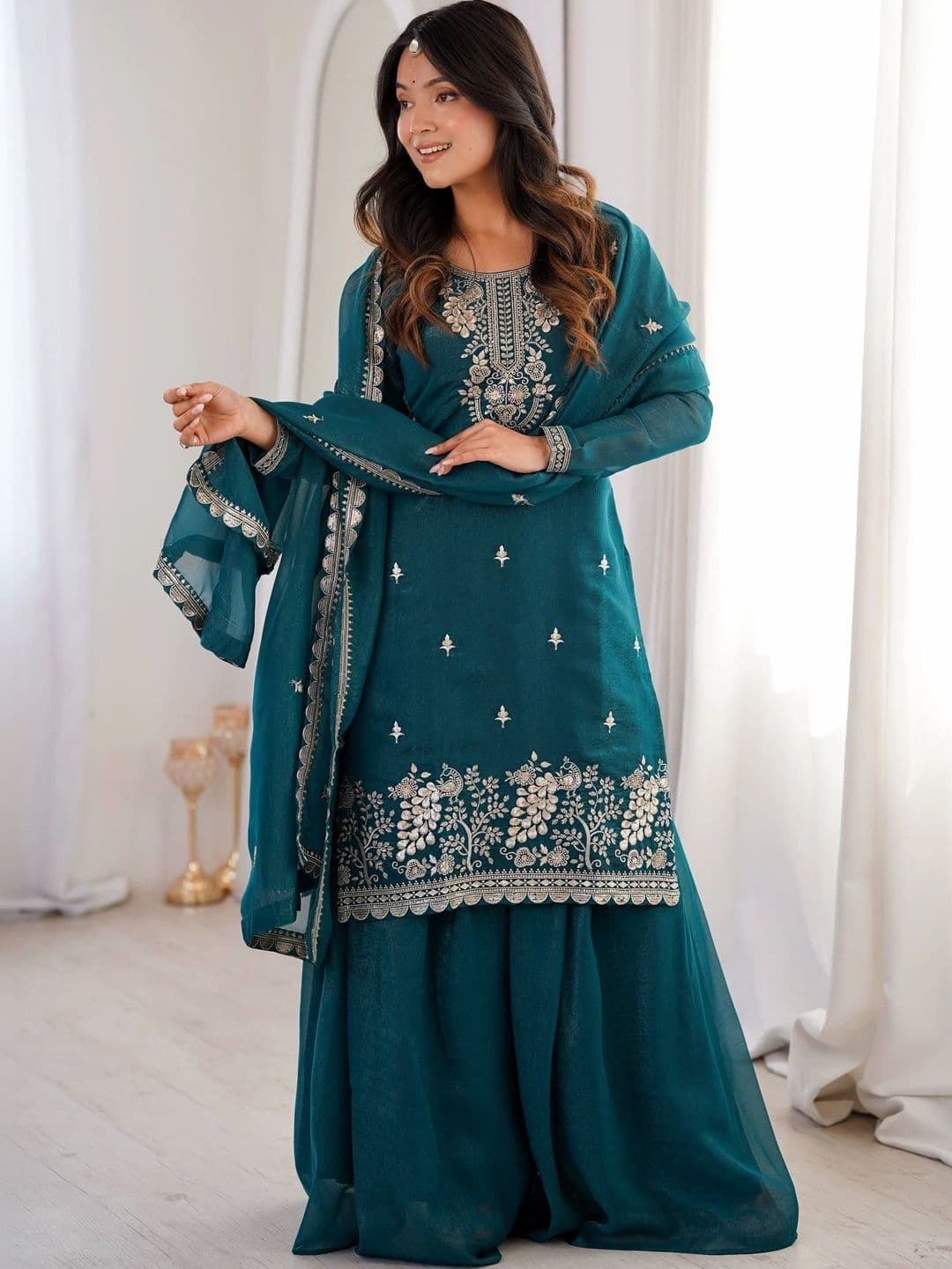 VASTRABELLA Women Ethnic Motifs Embroidered Regular Kurta with Sharara & With Dupatta thumbnail 5