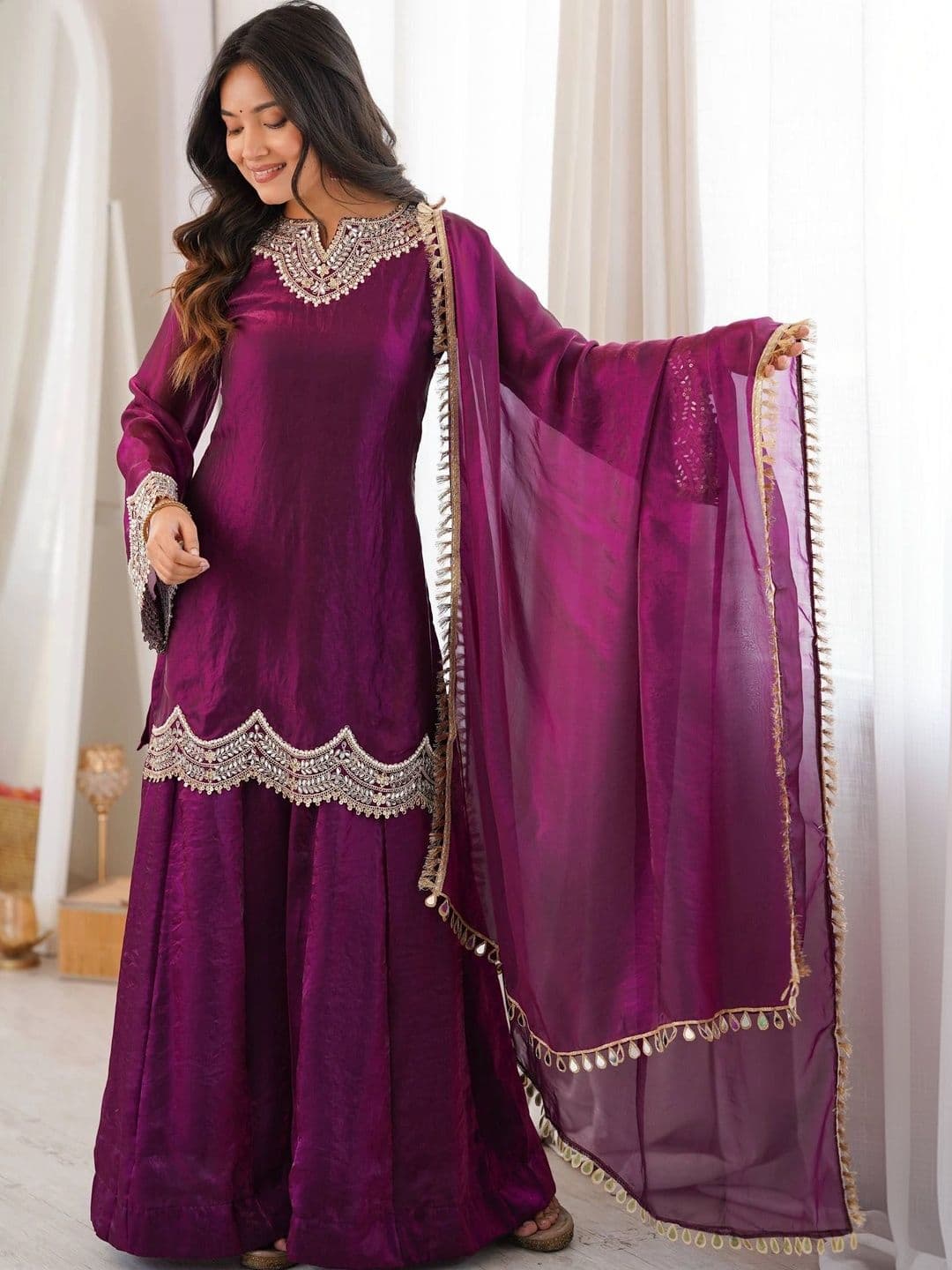 VASTRABELLA Women Ethnic Motifs Embroidered Regular Pure Silk Kurta with Sharara & With Dupatta thumbnail 7