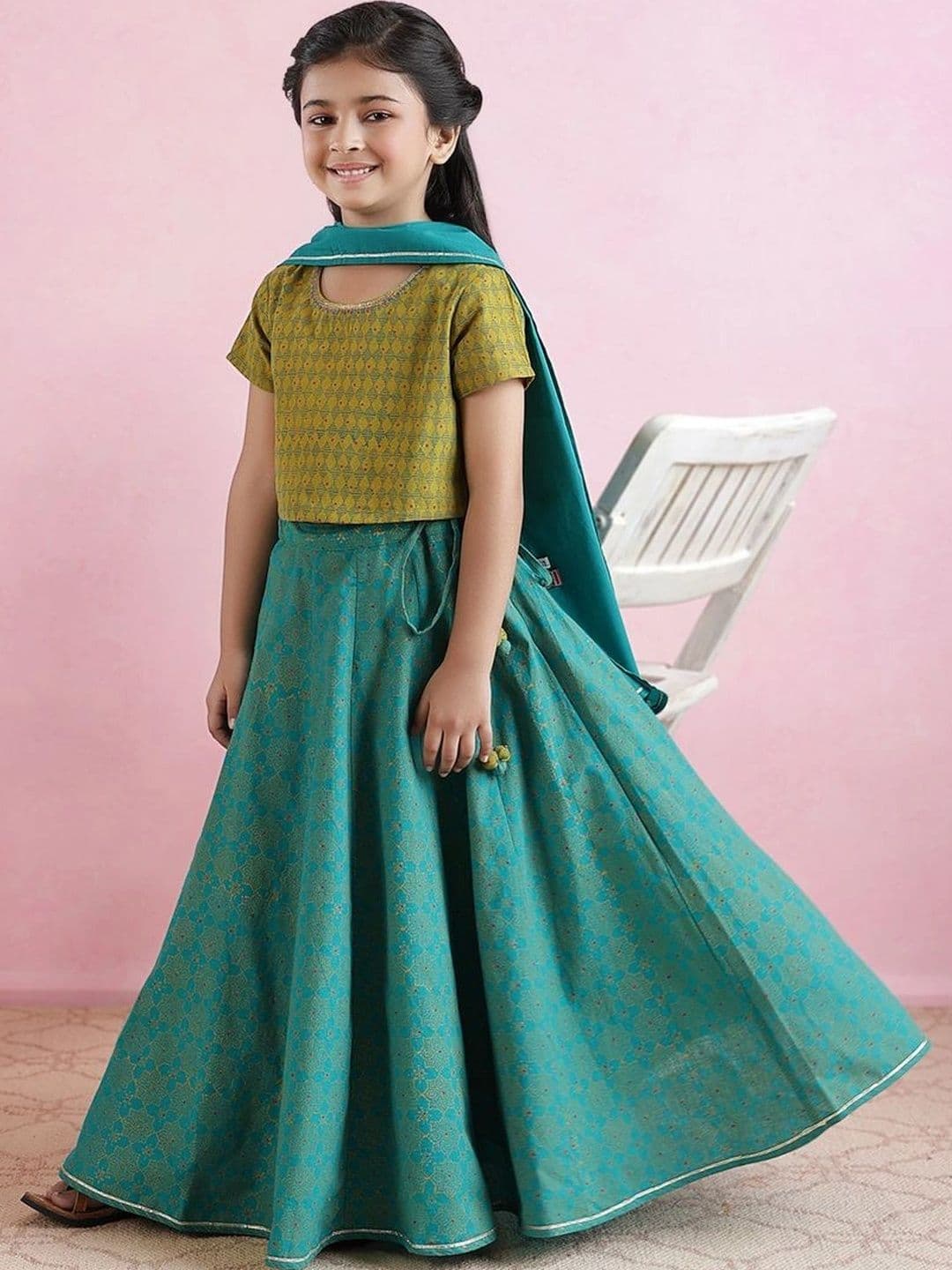 Fabindia Girls Printed Block Print Ready to Wear Lehenga & Blouse With Dupatta - view 1