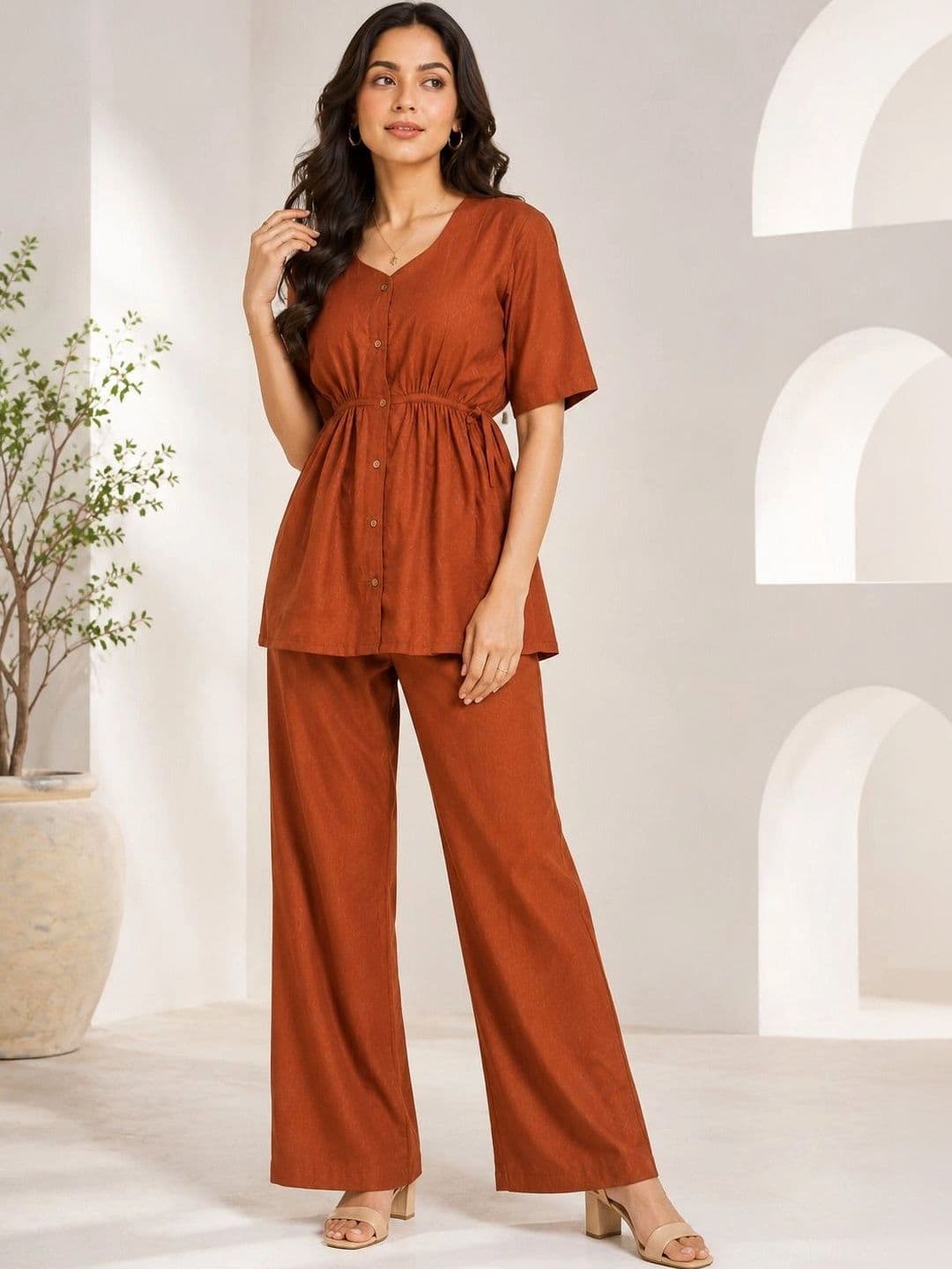 RAJGRANTH Women Empire Linen Top with Palazzos thumbnail 3