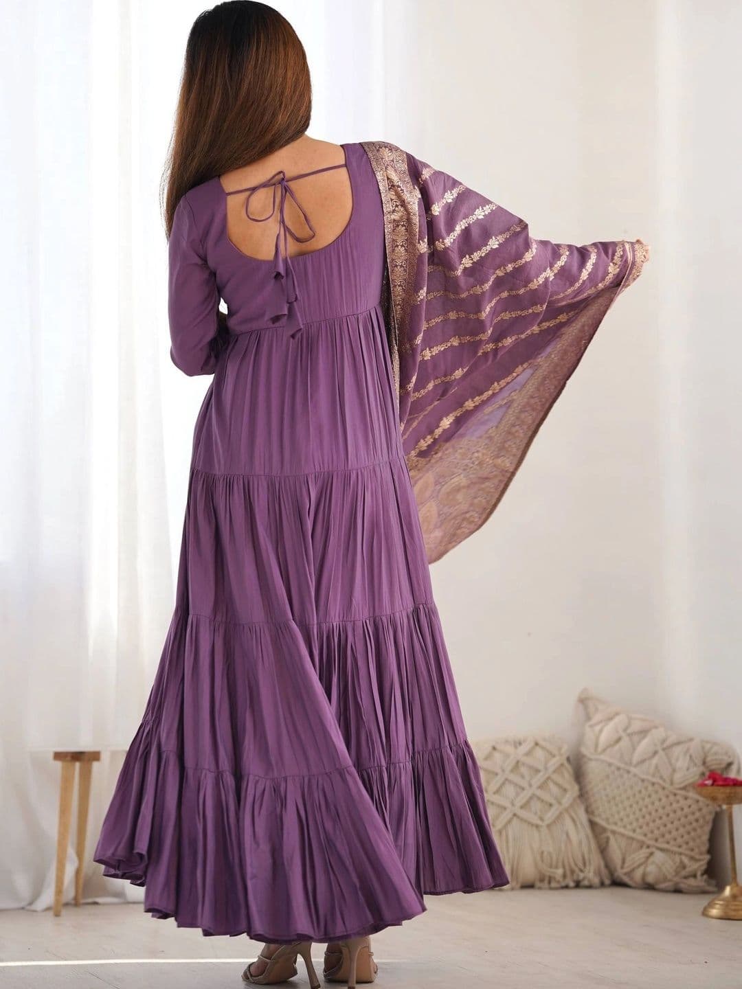 VASTRABELLA Women Tiered Chanderi Silk Kurta with Trousers & With Dupatta thumbnail 3