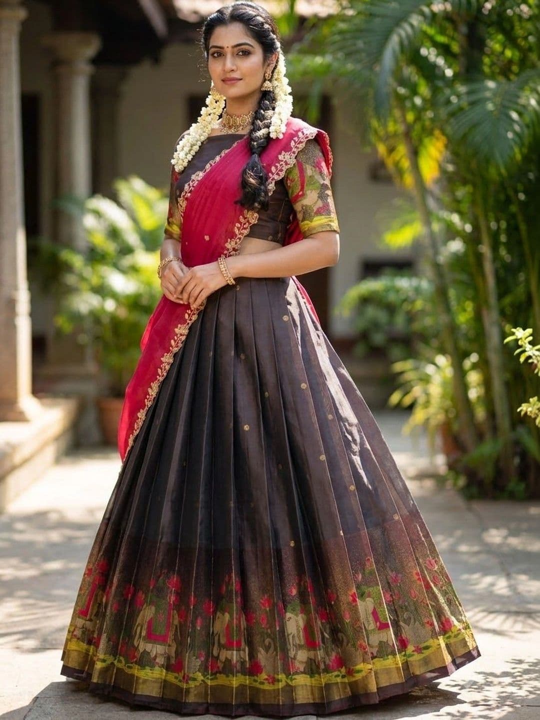 Pink Bindi Embroidered Semi-Stitched Lehenga & Unstitched Blouse With Dupatta thumbnail 7