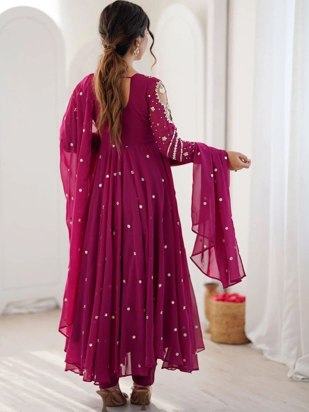 VASTRABELLA Women Ethnic Motifs Angrakha Sequinned Silk Georgette Kurta with Pyjamas & With Dupatta thumbnail 2