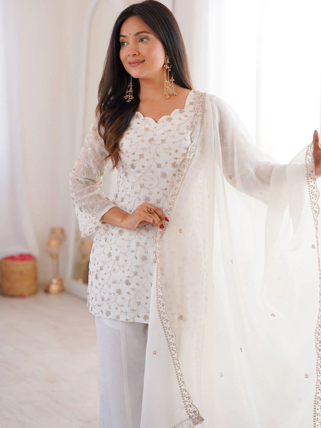 VASTRABELLA Women Ethnic Motifs Embroidered Regular Thread Work Kurta with Palazzos & With Dupatta thumbnail 7