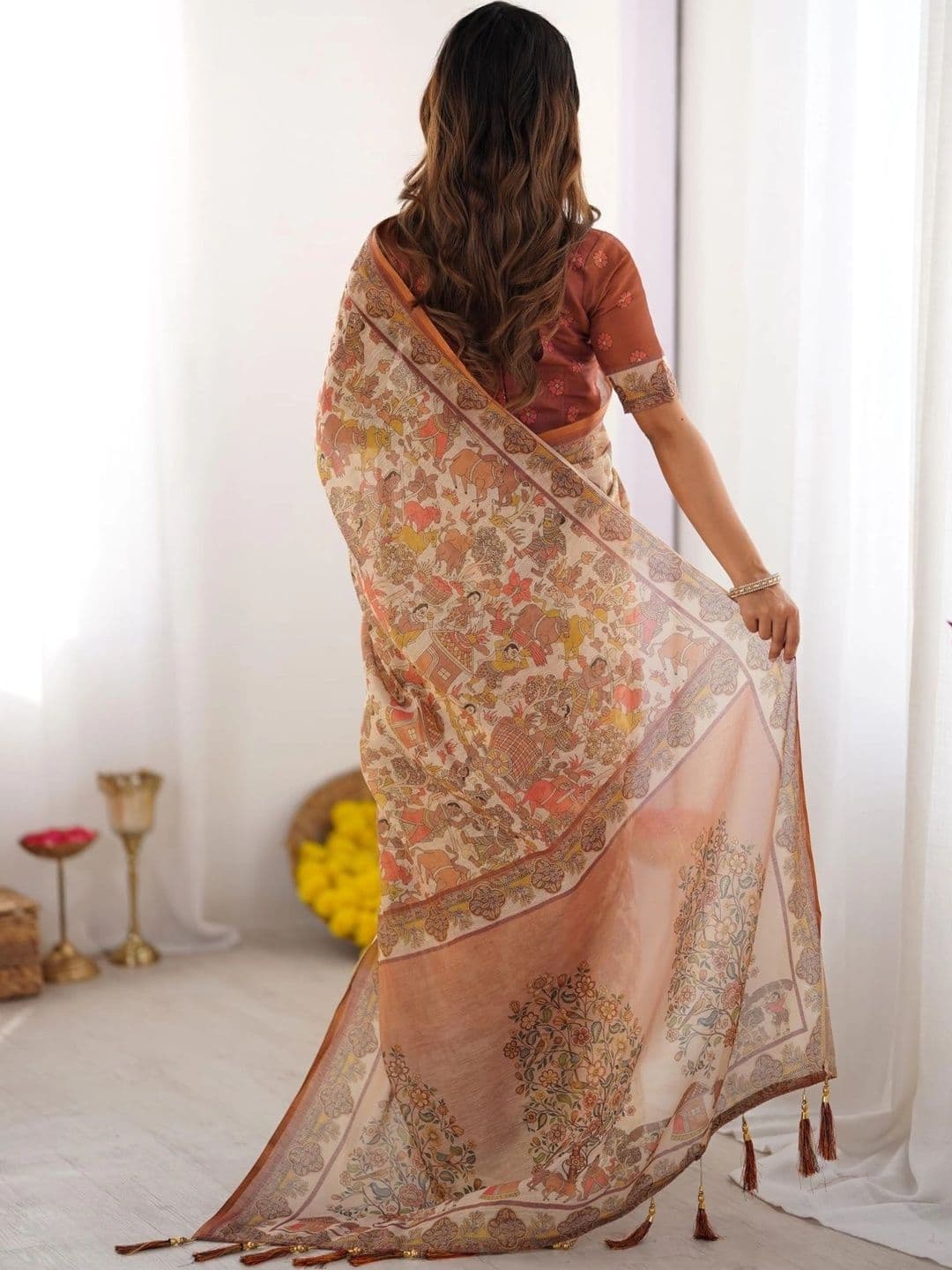 HOUSE OF PRANSHI Kalamkari Linen Blend Jamdani Saree thumbnail 4