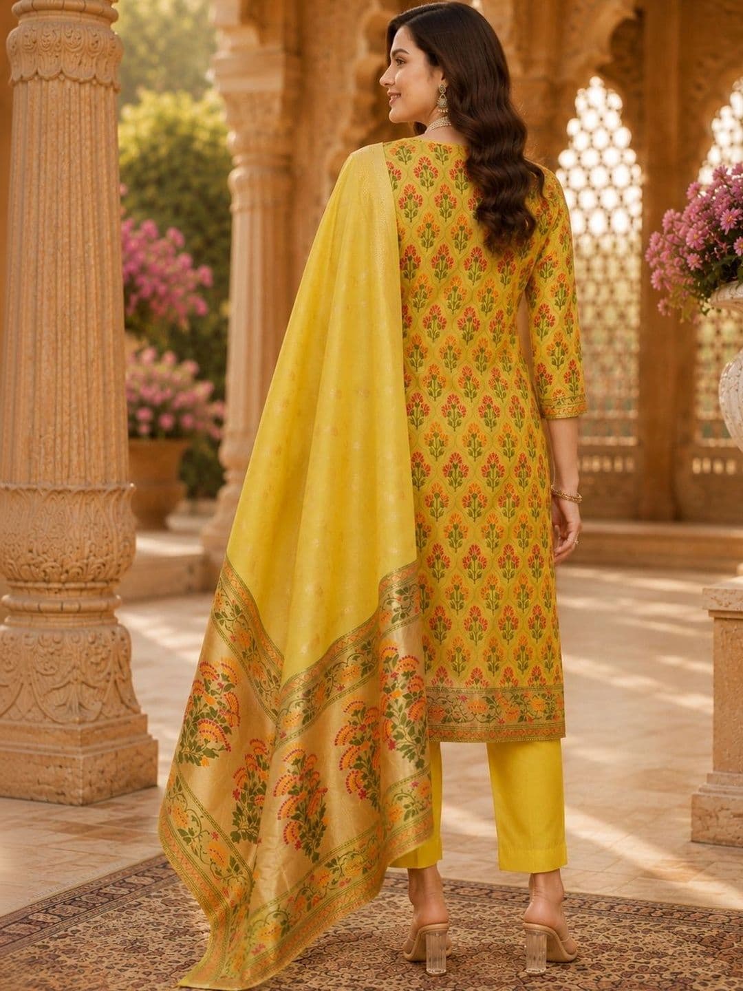 Mitera Women Ethnic Motifs Printed Regular Chanderi Cotton Kurta with Trousers & With Dupatta thumbnail 4
