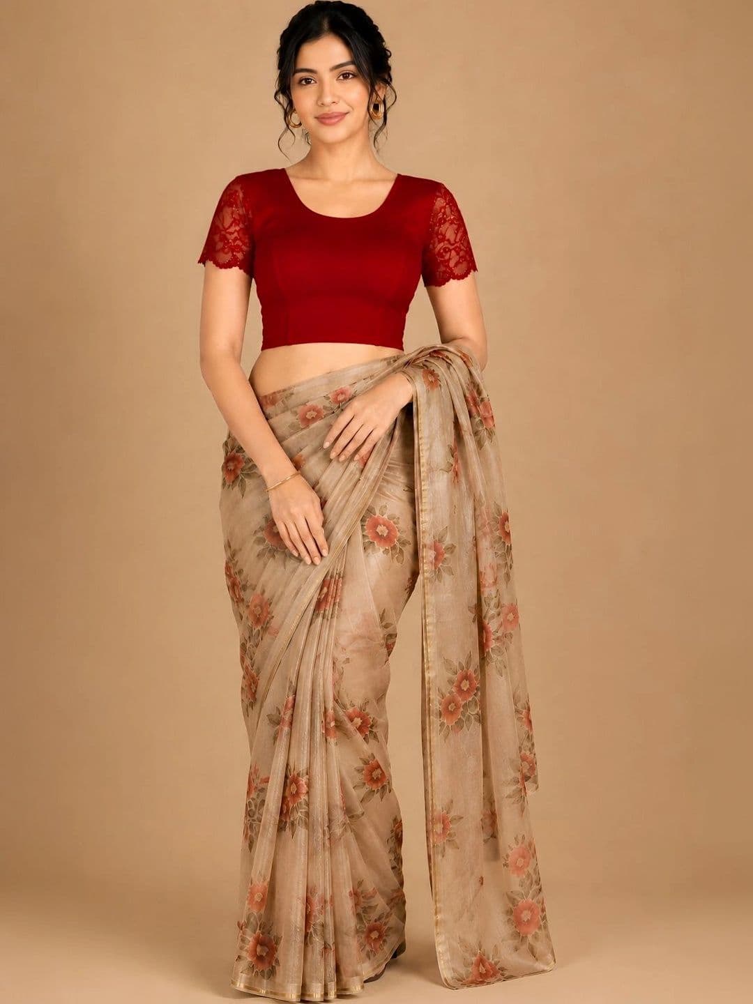 Abhi Women U Neck Solid Cotton Lycra Stretchable Half Sleeve Readymade Saree Blouse thumbnail 4