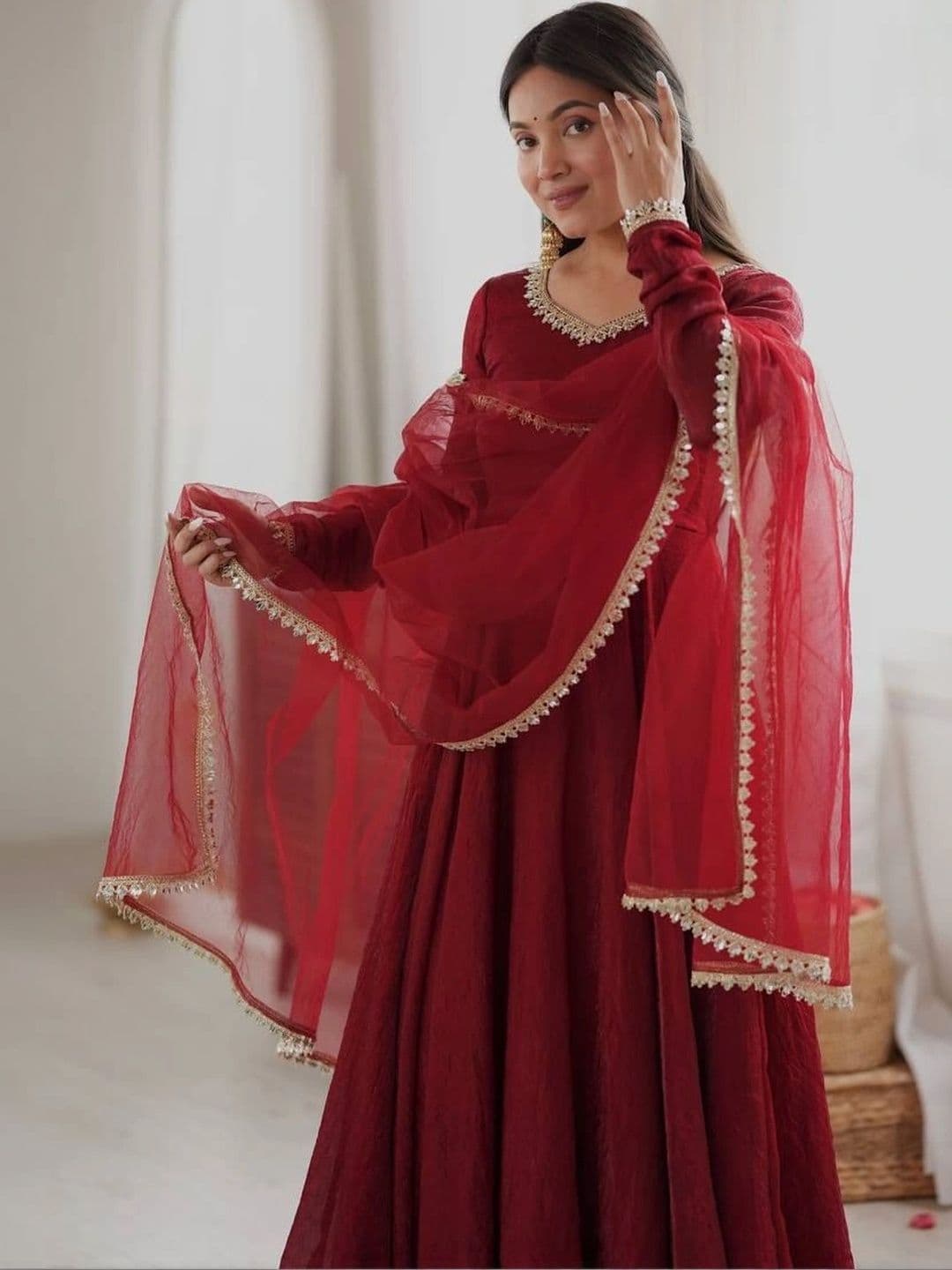 VASTRABELLA Women Empire Gotta Patti Pure Silk Kurta with Trousers & With Dupatta thumbnail 2