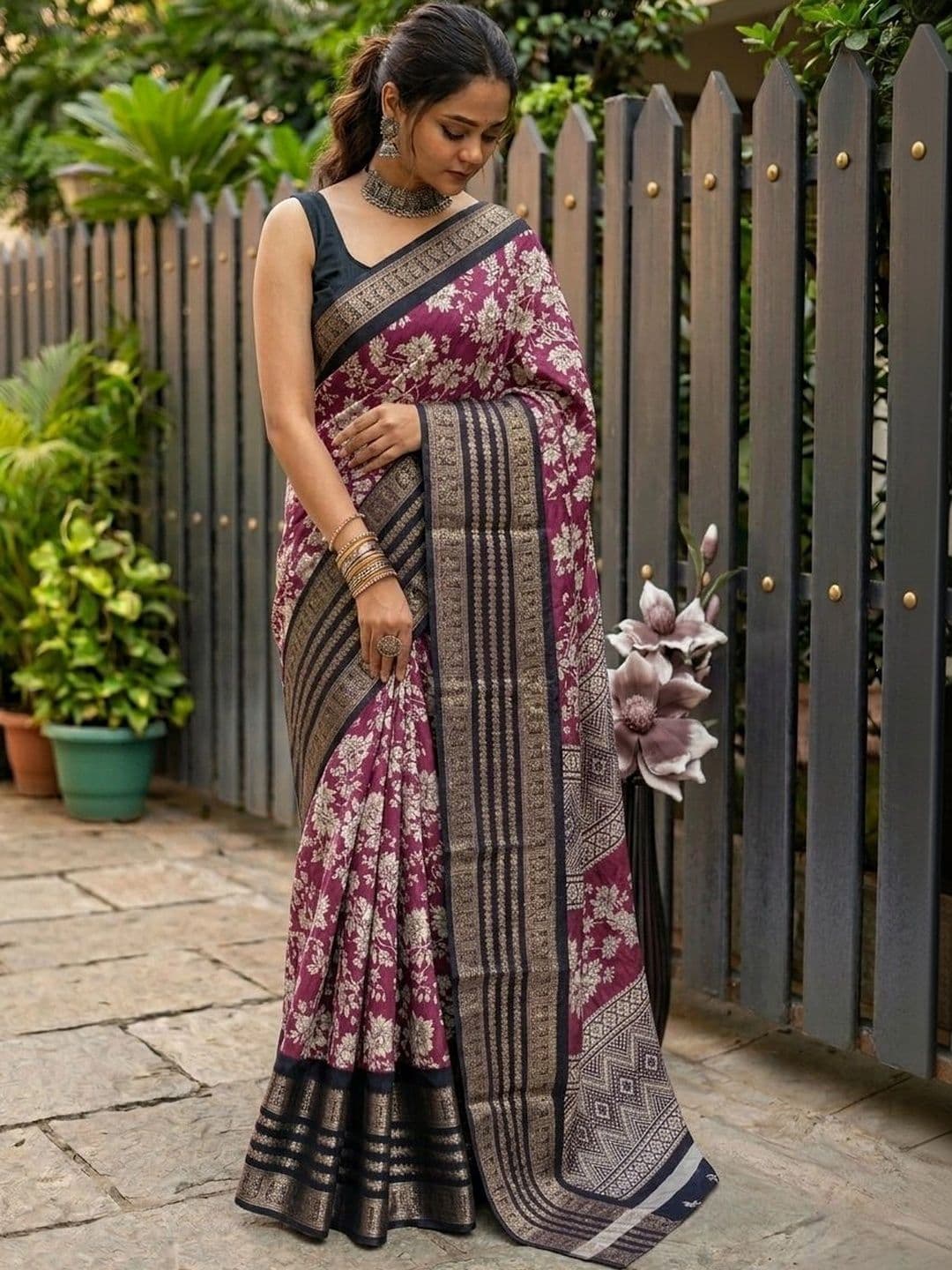 Owee Floral Zari Silk Blend Designer Saree - view 1
