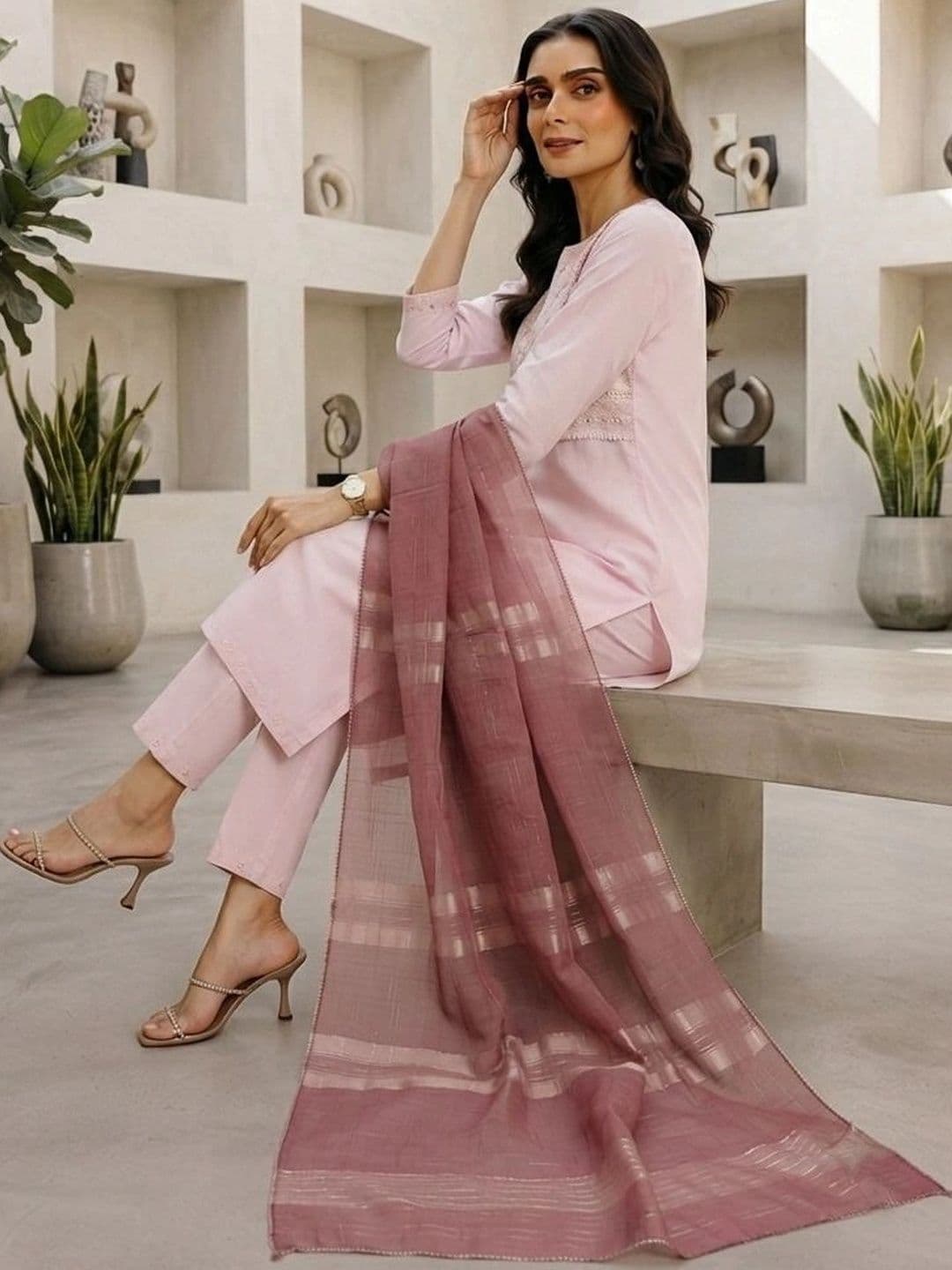 KALINI Women Ethnic Motifs Embroidered Regular Thread Work Chanderi Cotton Kurta with Trousers & With Dupatta thumbnail 3
