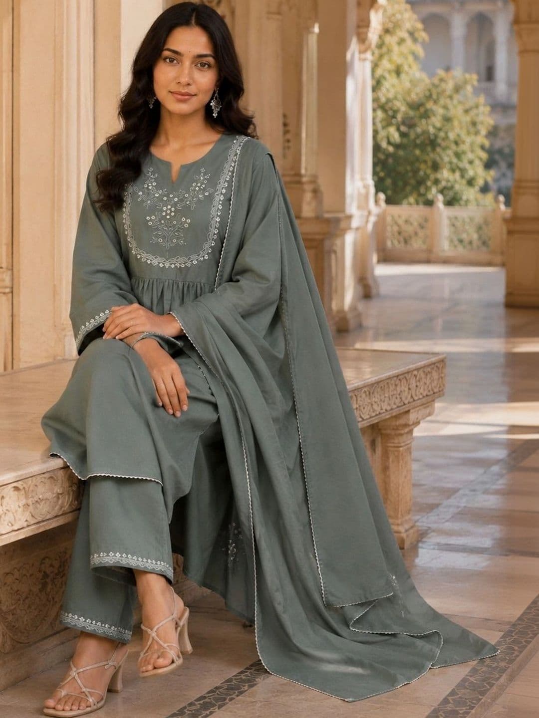 HERE&NOW Women Ethnic Motifs Embroidered Empire Thread Work Pure Cotton Kurta with Trousers & With Dupatta thumbnail 2