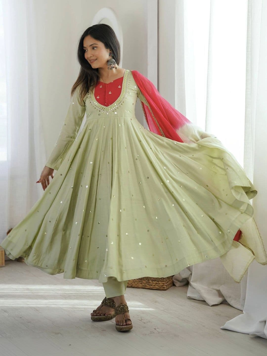 VASTRABELLA Women Embroidered Empire Mirror Work Kurta with Trousers & With Dupatta thumbnail 3