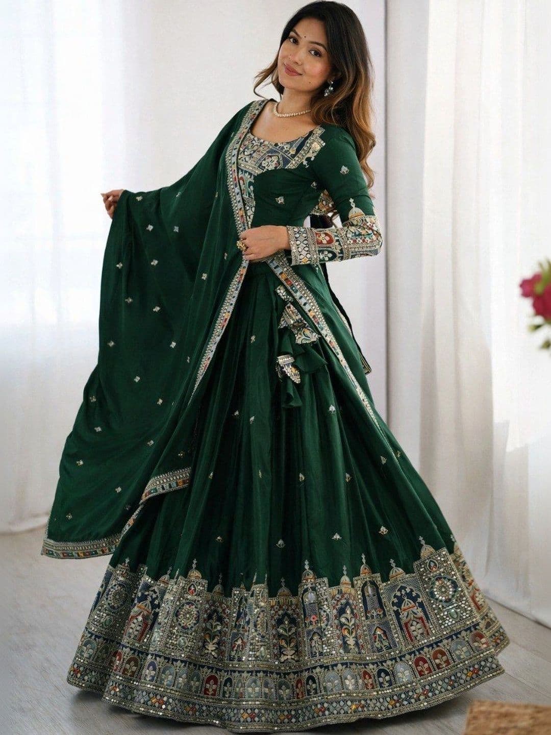BLUSH STREET Embroidered Mirror Work Semi-Stitched Lehenga & Blouse With Dupatta thumbnail 4