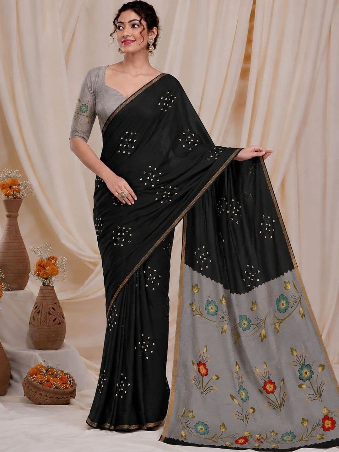 RegalDrapes Floral Patchwork Bandhani Saree thumbnail 4