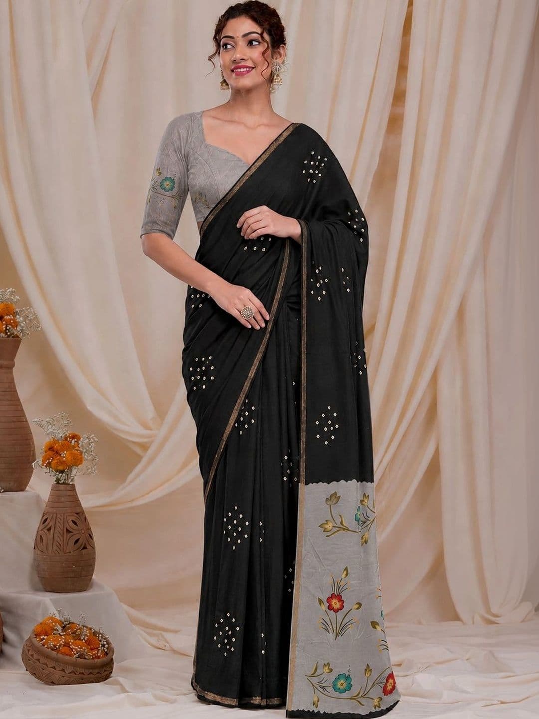 RegalDrapes Floral Patchwork Bandhani Saree - view 1