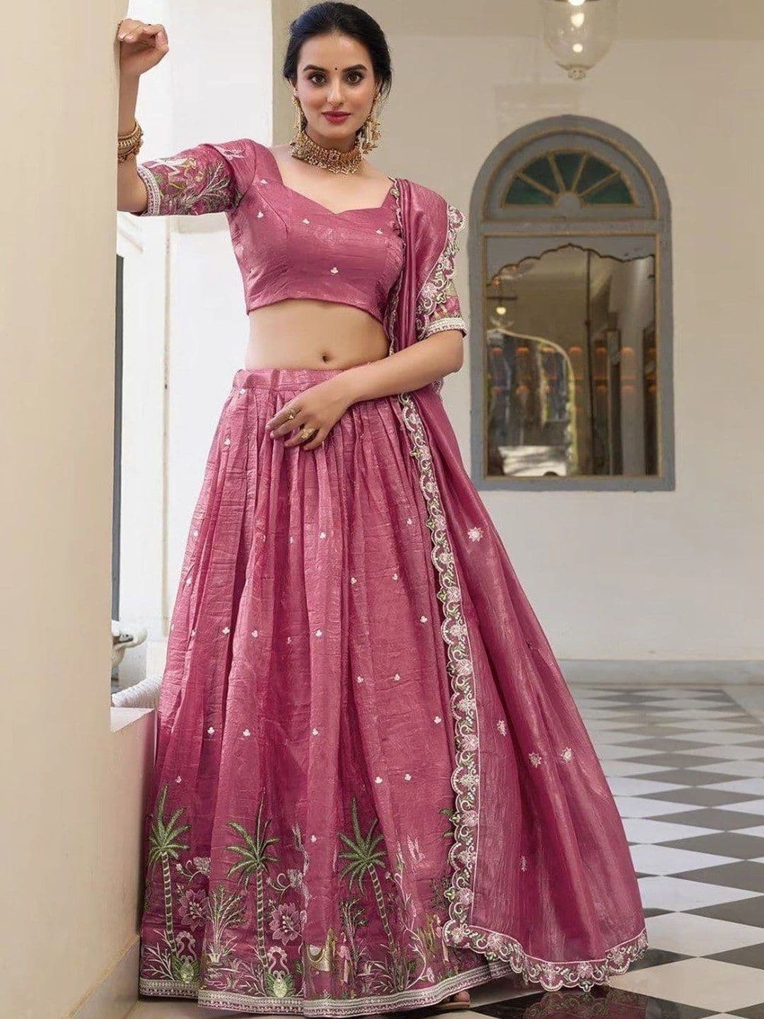 BLUSH STREET Embroidered Thread Work Semi-Stitched Lehenga & Blouse With Dupatta thumbnail 2