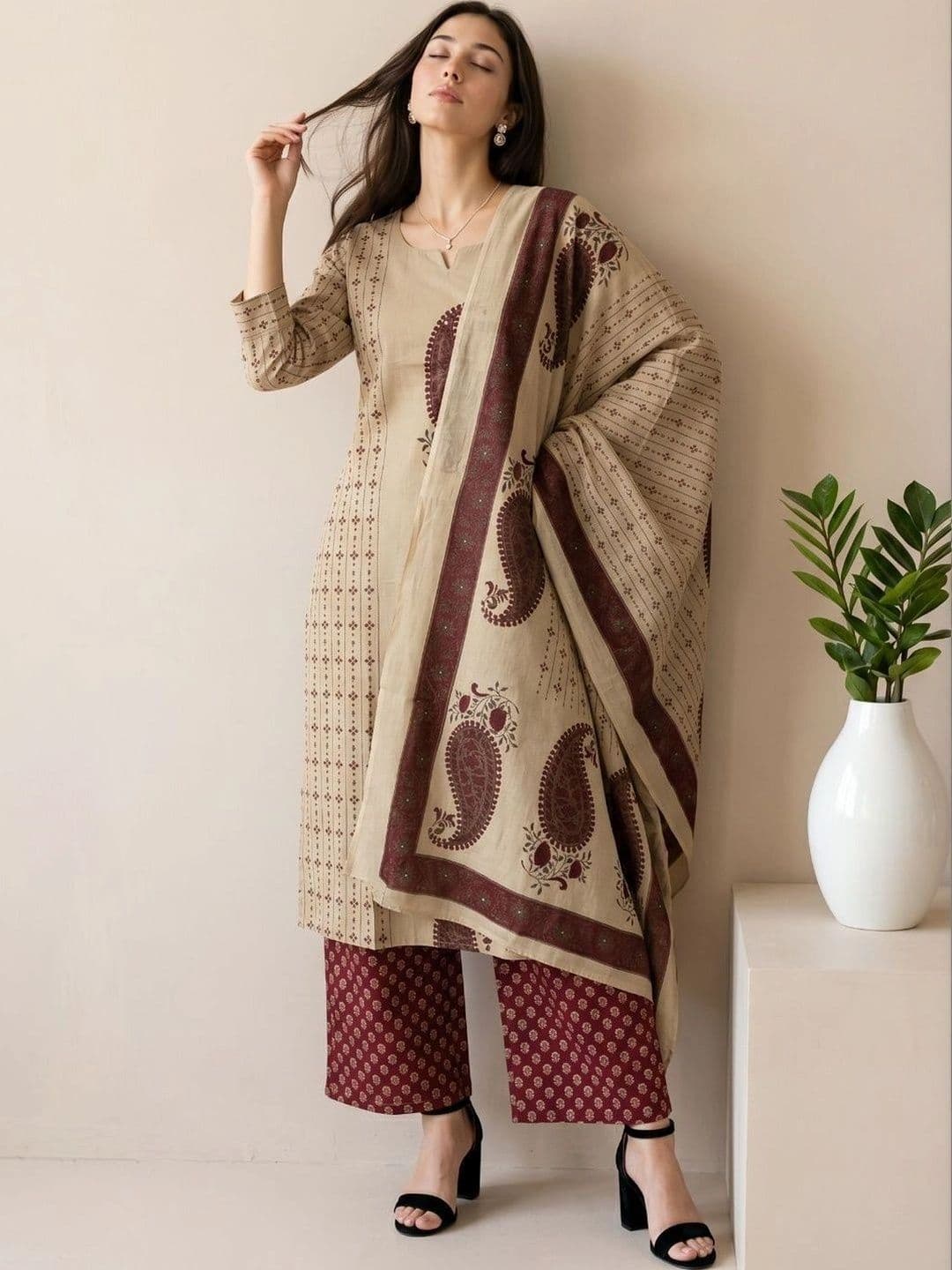 shreeram Women Ethnic Motifs Printed Regular Pure Cotton Kurta with Palazzos & With Dupatta thumbnail 7