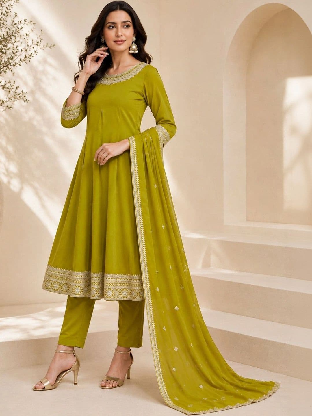 Mitera Women Ethnic Motifs Embroidered Regular Thread Work Kurta with Trousers & With Dupatta thumbnail 4