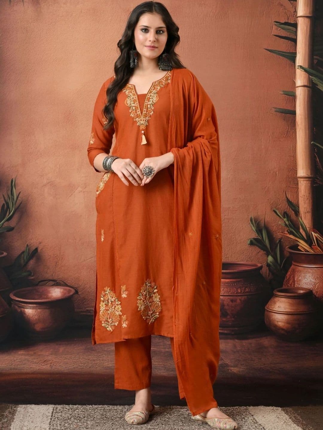 Encourage Women Ethnic Motifs Embroidered Regular Thread Work Kurta with Trousers & With Dupatta - view 1