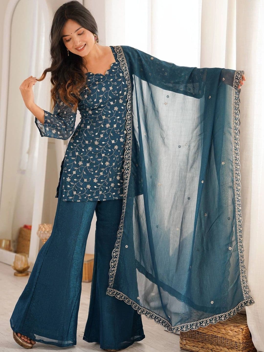 VASTRABELLA Women Ethnic Motifs Embroidered Regular Sequinned Kurta with Sharara & With Dupatta thumbnail 4