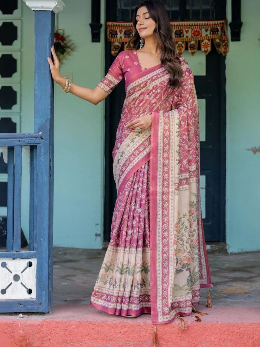 HOUSE OF PRANSHI Paisley Linen Blend Jamdani Saree - view 1