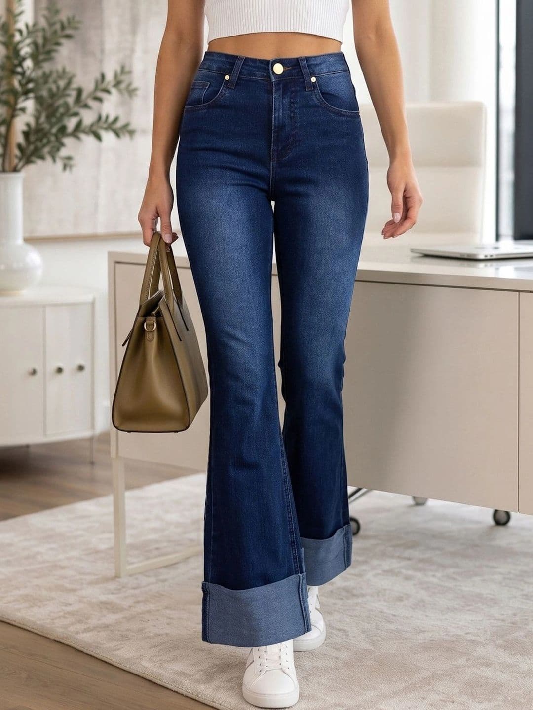 Style Quotient Women Classic Wide Leg High-Rise Low Distress Cuffed Hem Stretchable Jeans - view 1