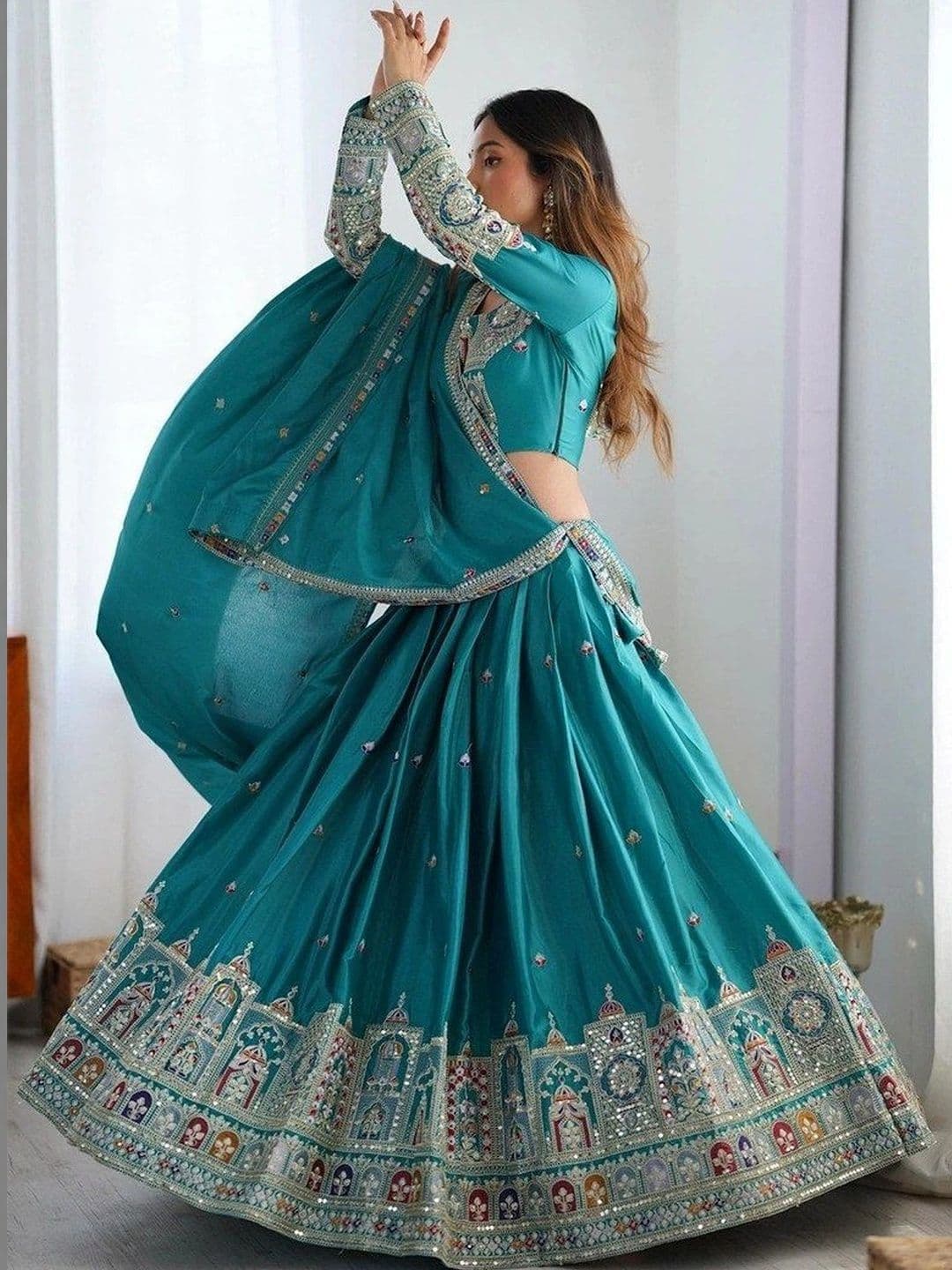 BLUSH STREET Embellished Mirror Work Semi-Stitched Lehenga & Blouse With Dupatta thumbnail 4