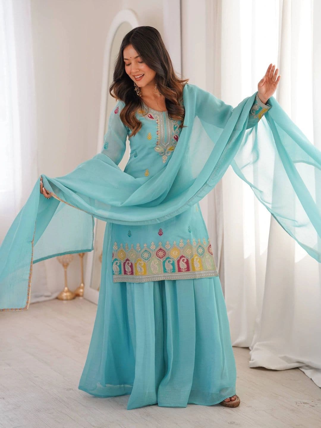 VASTRABELLA Women Ethnic Motifs Embroidered Regular Thread Work Kurta with Sharara & With Dupatta thumbnail 3